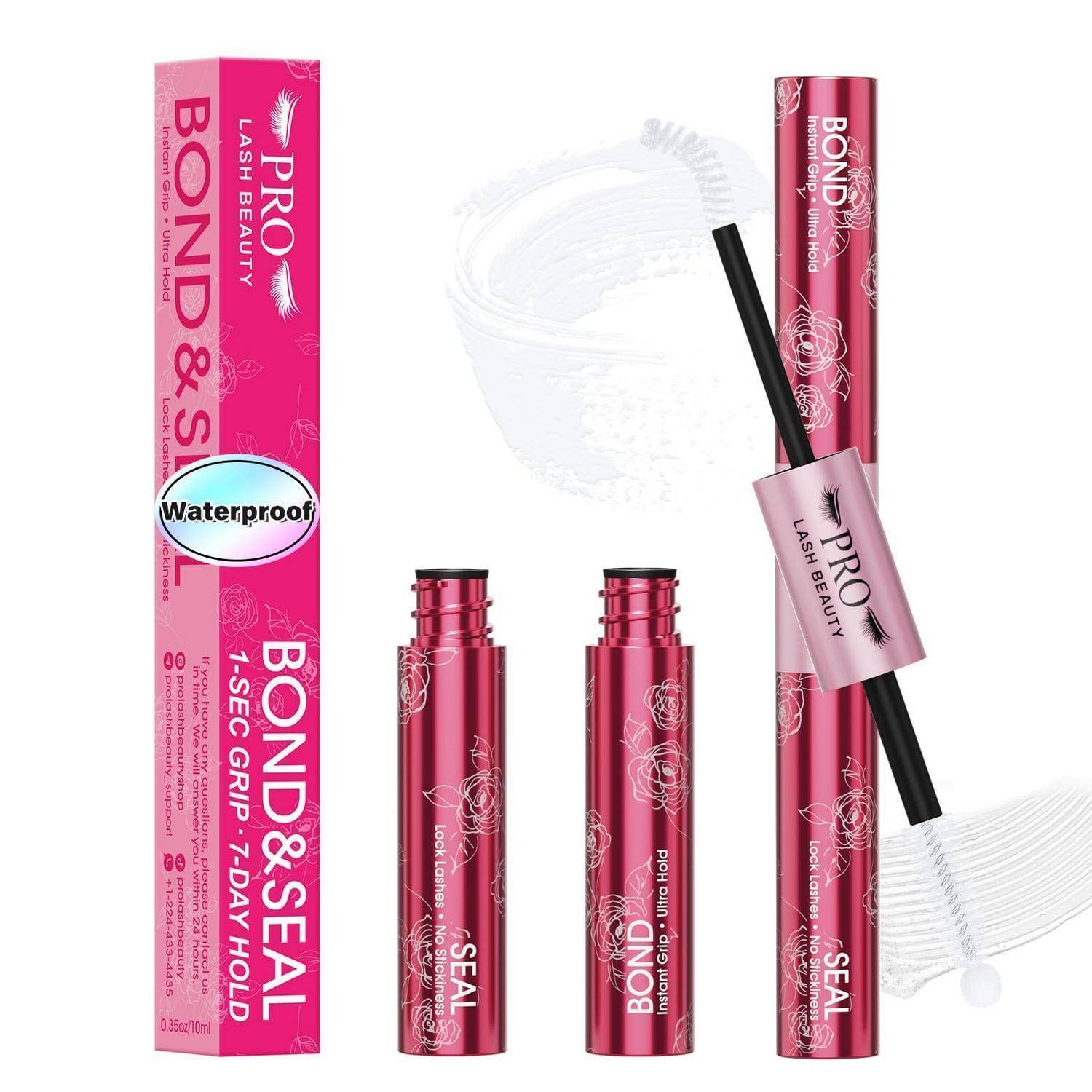 Pink PRO Lash Beauty 'Bond & Seal' wasserfeste Mascara-Verpackung mit Tuben und Applikator, gezeigt auf weißem Hintergrund.