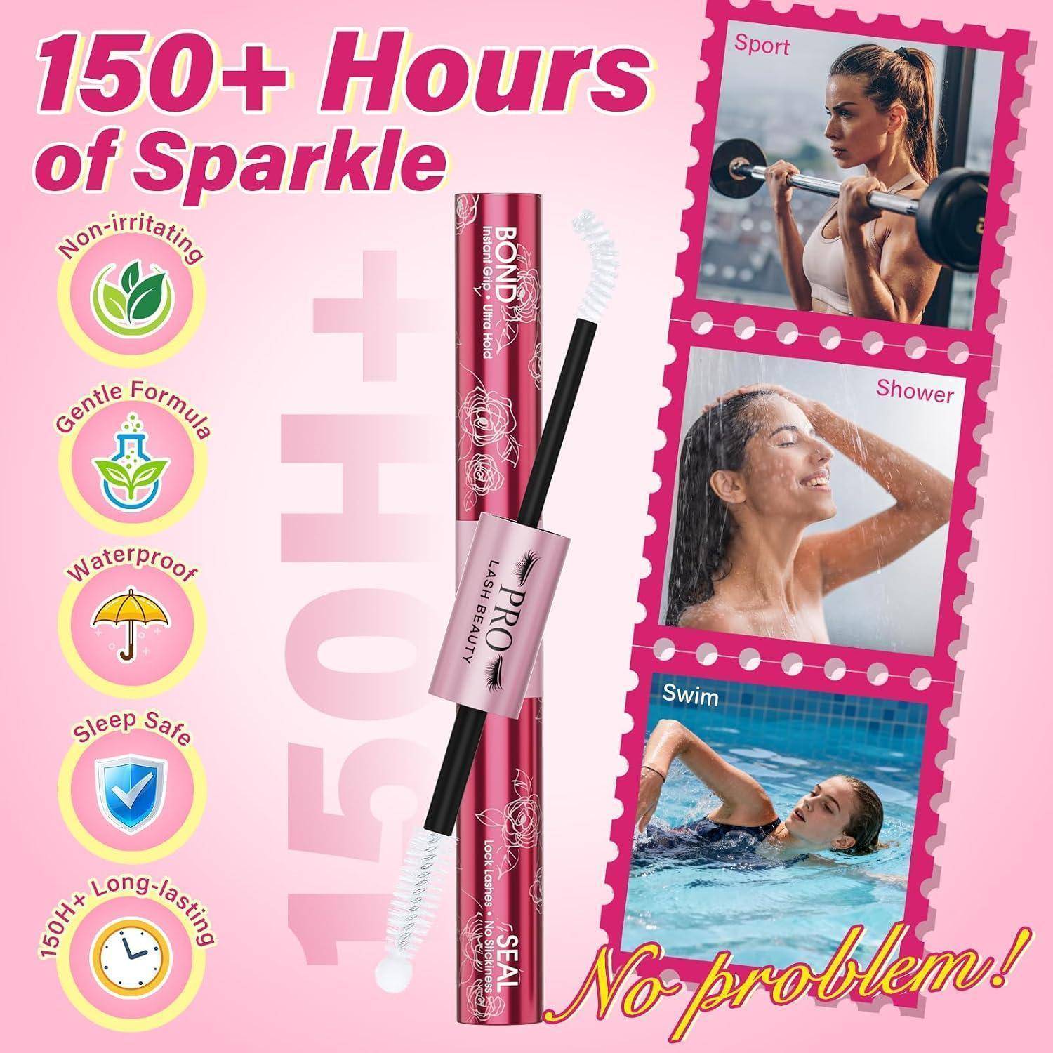 Rosa-Mascara-Anzeige mit Bewerbung von „150+ Stunden Glitzer