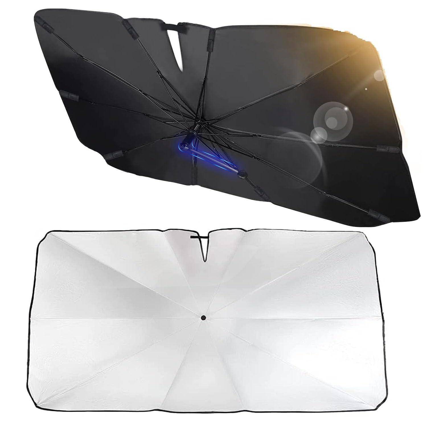 Sonnenschutz für das Auto in Schwarz und Silber dargestellt, mit einem faltbaren reflektierenden Panel und einer kompakten Transportform.
