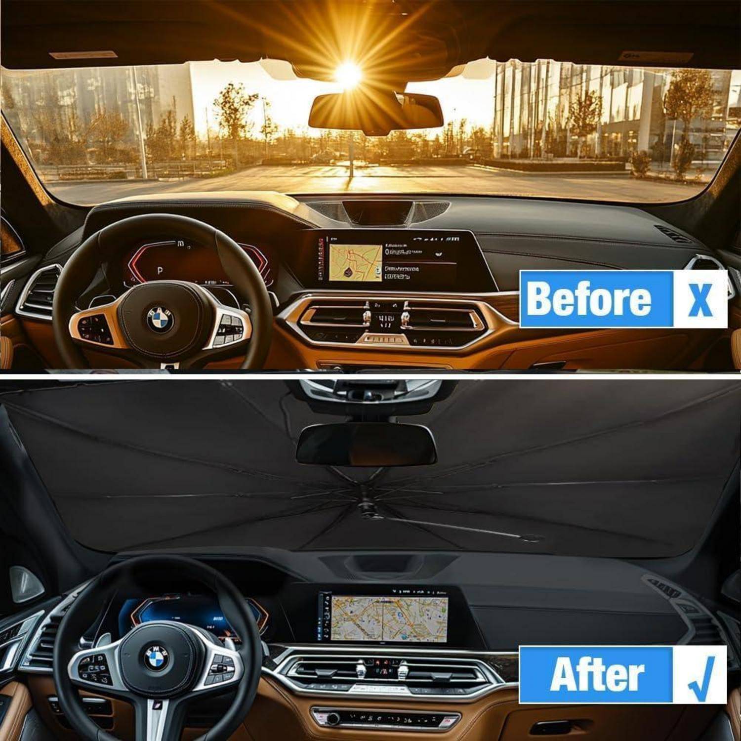 Split-Screen-Vergleich des BMW-Interieurs mit einer hellen, sonnendurchfluteten „Vorher