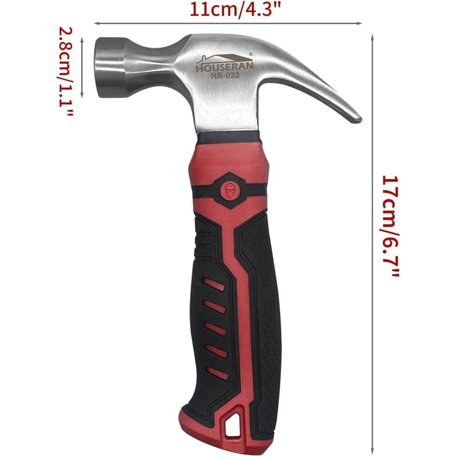 Ein Klauhammer mit rotschwarzem Griff, gezeigt auf weißem Hintergrund mit beschrifteten Abmessungen von 11 cm Breite, 17 cm Höhe und 2,8 cm Kopfbreite.