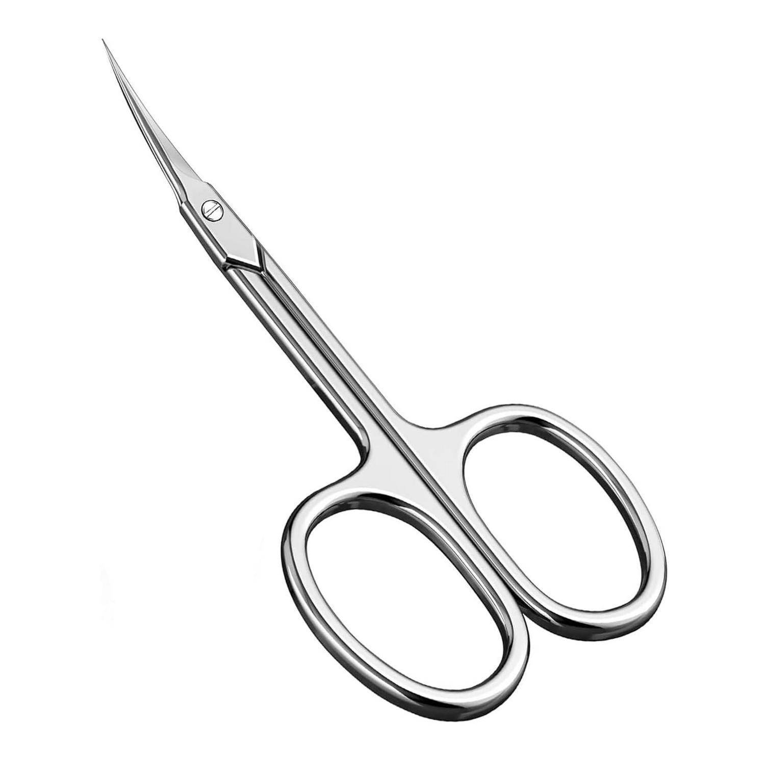 Nahaufnahme von Edelstahl-Nagelhaut-Schere mit abgewinkelten Klingen und zwei Fingerschleifen auf weißem Hintergrund.