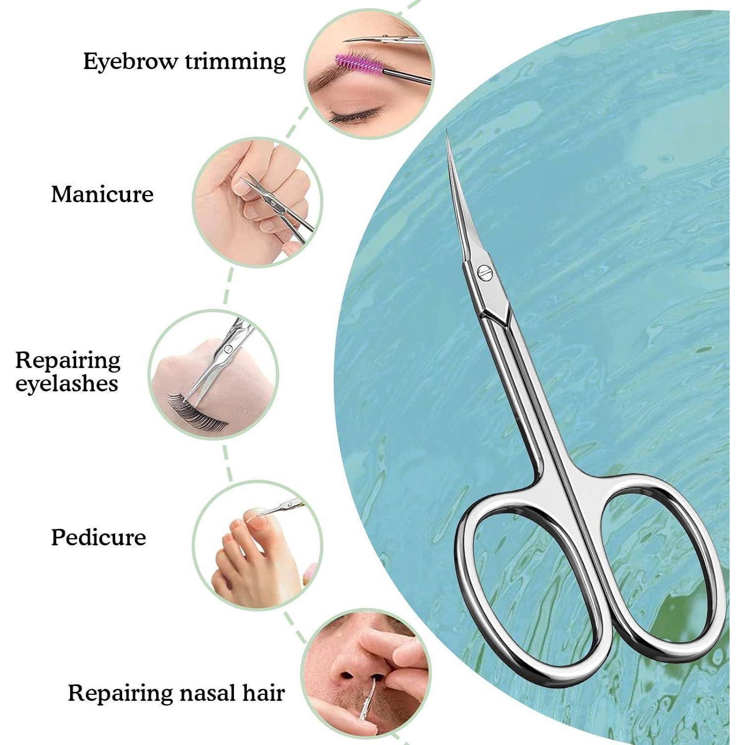 Abbildung von Präzisions-Friseurscheren mit beschrifteten Verwendungszwecken: Augenbrauenschnitt, Maniküre, Wimpernreparatur, Pediküre und Nasenhaarschnitt.