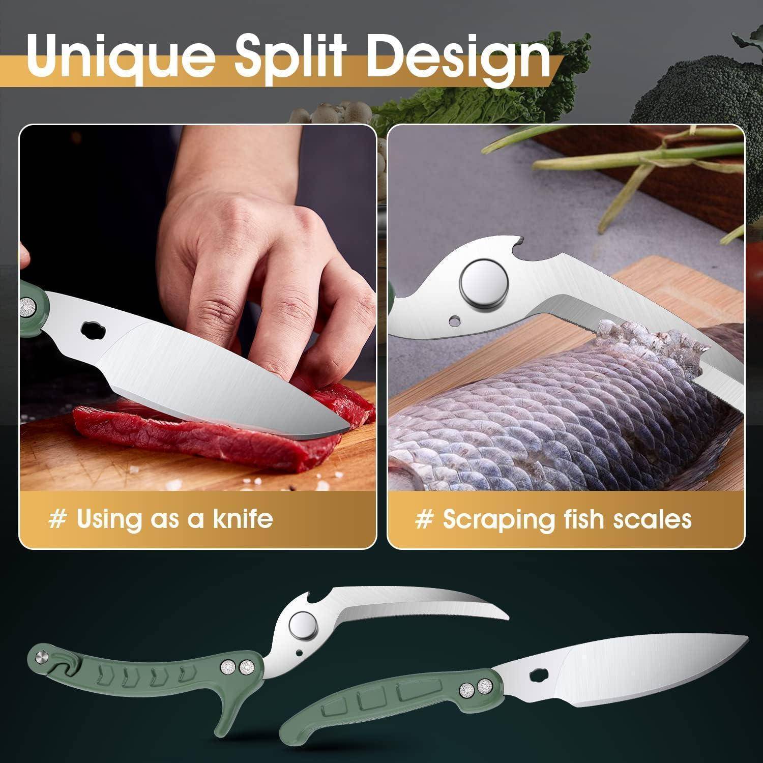 Zweiteiliges Messer mit gekrümmter Klinge, dargestellt als Schneidemesser und Fischschupper, mit dem Text „Einzigartiges zweiteiliges Design" und Beschriftungen für jede Verwendung.