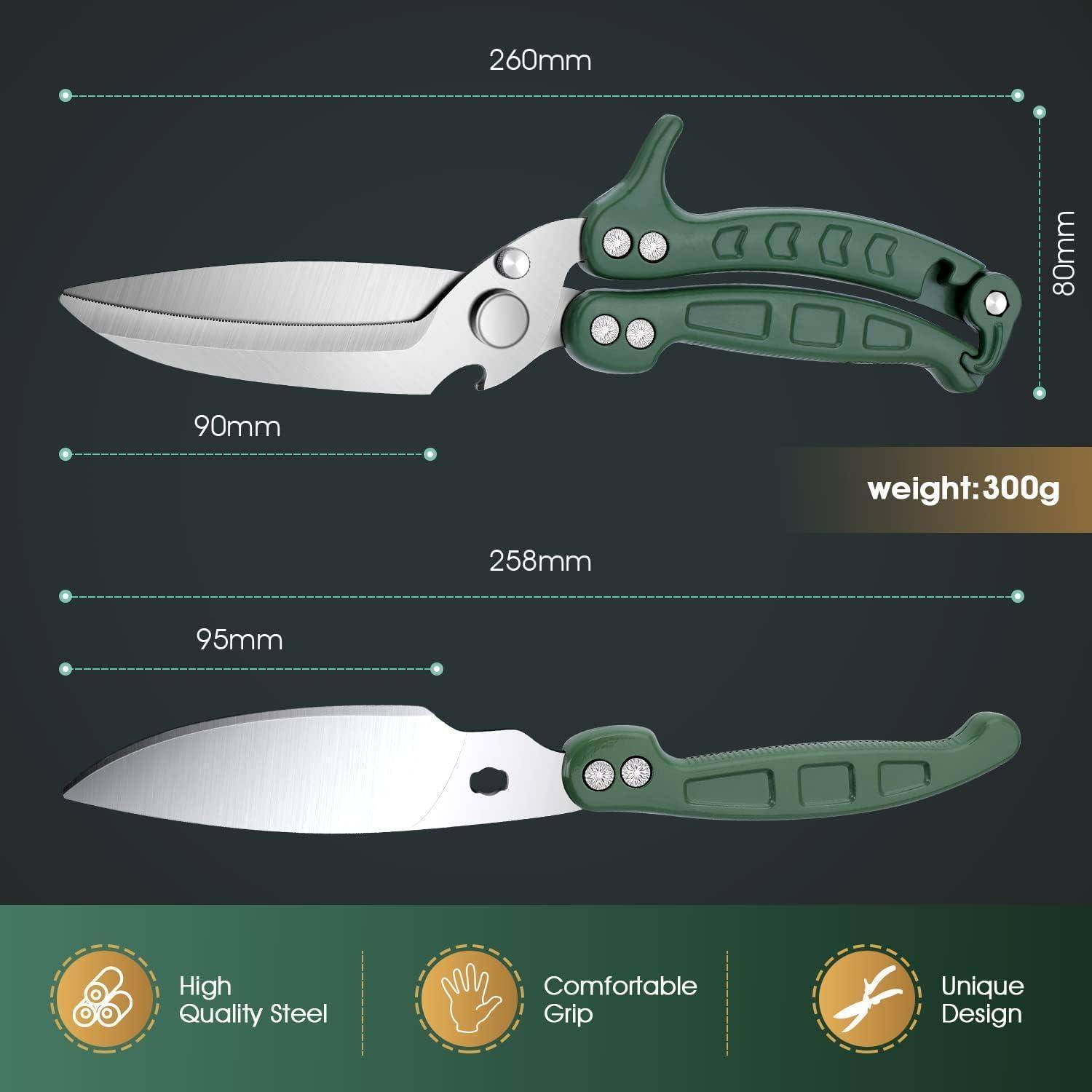 Produktbild eines Klapptaschenmessers in zwei Ansichten (offen/geschlossen) mit Maßangaben, 'Gewicht: 300g' und Funktionen: 'Hochwertiger Stahl', 'Ergonomischer Griff', 'Einzigartiges Design'.