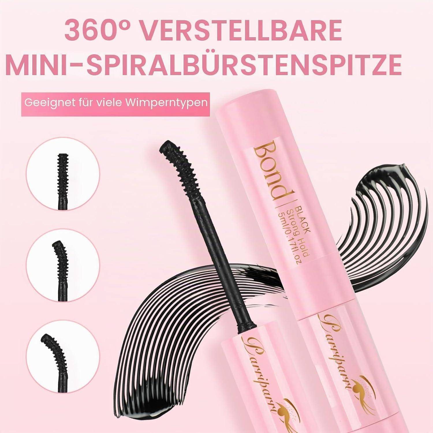 Rosa Mascara-Tube mit einem um 360° verstellbaren Mini-Spiralburstenpinsel, dargestellt mit drei gewinkelte Pinselbeispiele und deutschem Text, der die Verwendung für viele Wimperntypen bewirbt.
