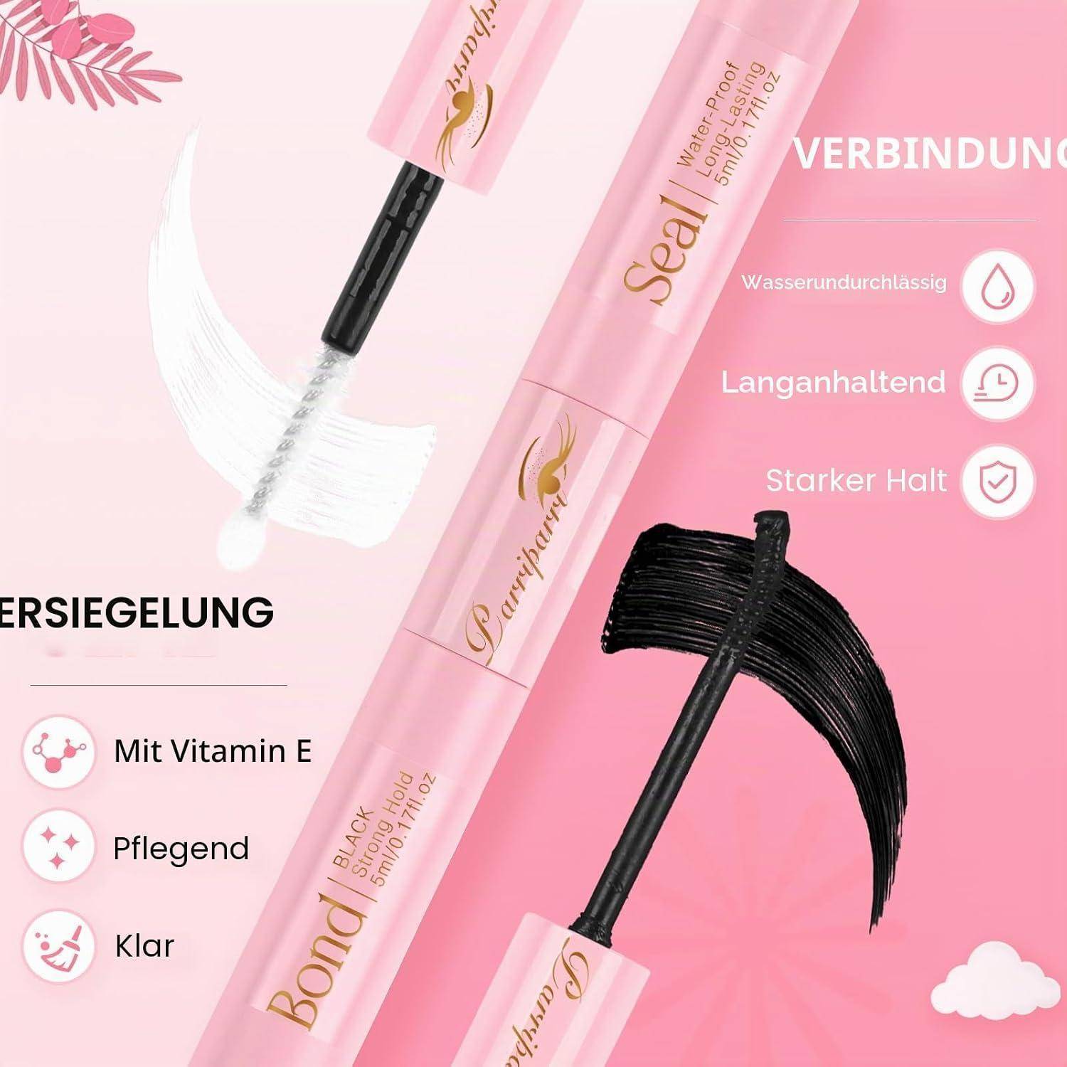 Rosa Mascara-Anzeige mit einer schwarzen, wasserfesten, langanhaltenden Formel mit starkem Halt, pflegender Vitamin-E und klaren Siegelmerkmalen, sowie weißen und schwarzen Bürstenmuster.