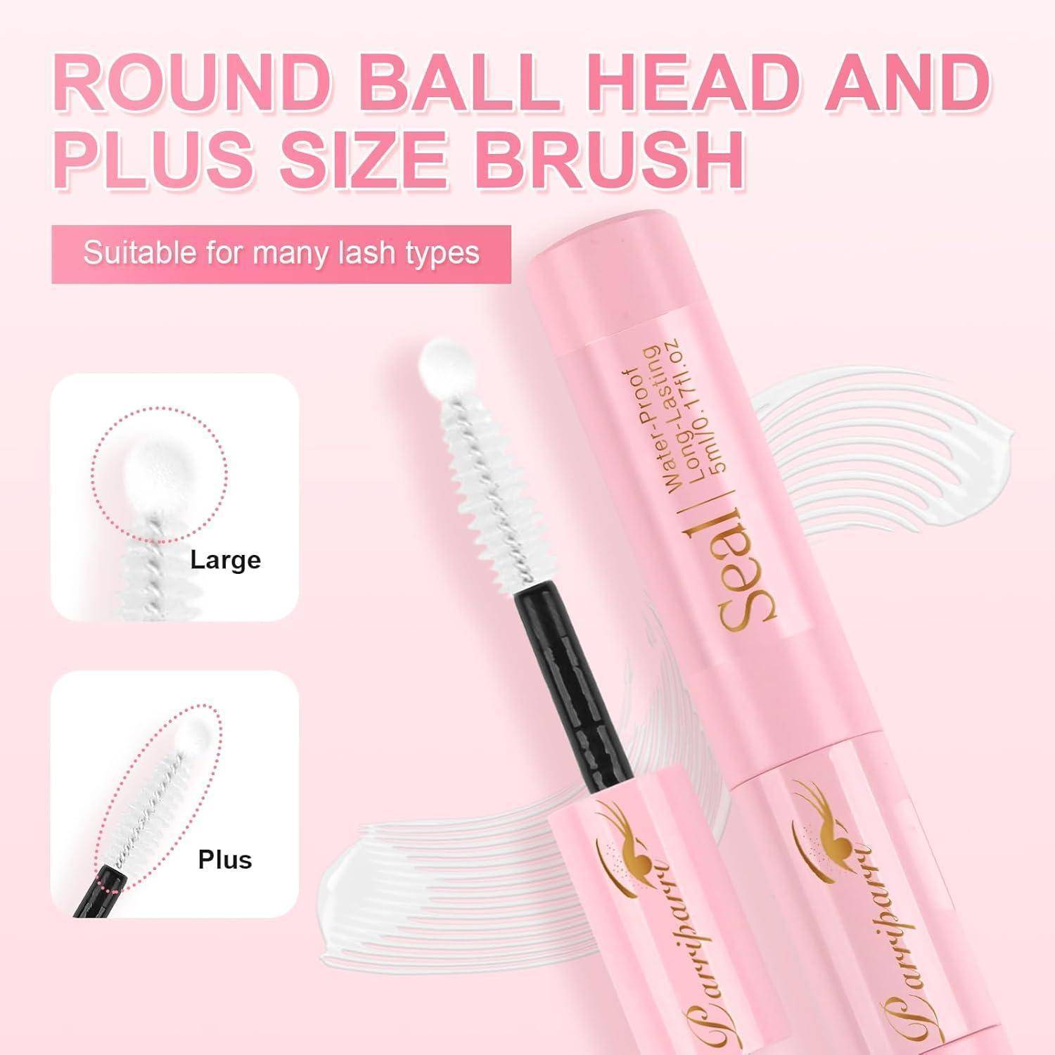 Rosa Wimpernbürste Produktgrafik mit der Bezeichnung „RUNDES BALLKOPF- UND PLUS-SIZE-BÜRSTE