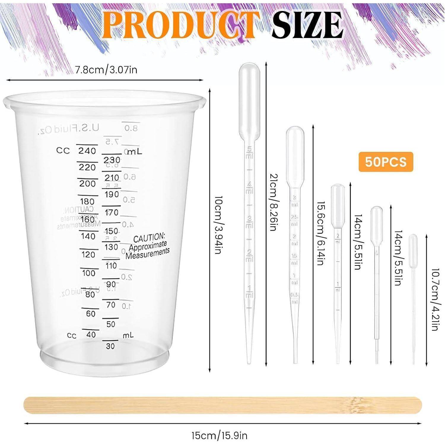 Produktgrößendiagramm mit einem 240-mL-Messbechern und Einweg-Pipetten, beschriftet mit Abmessungen von 10 cm bis 21 cm und „50er-Pack