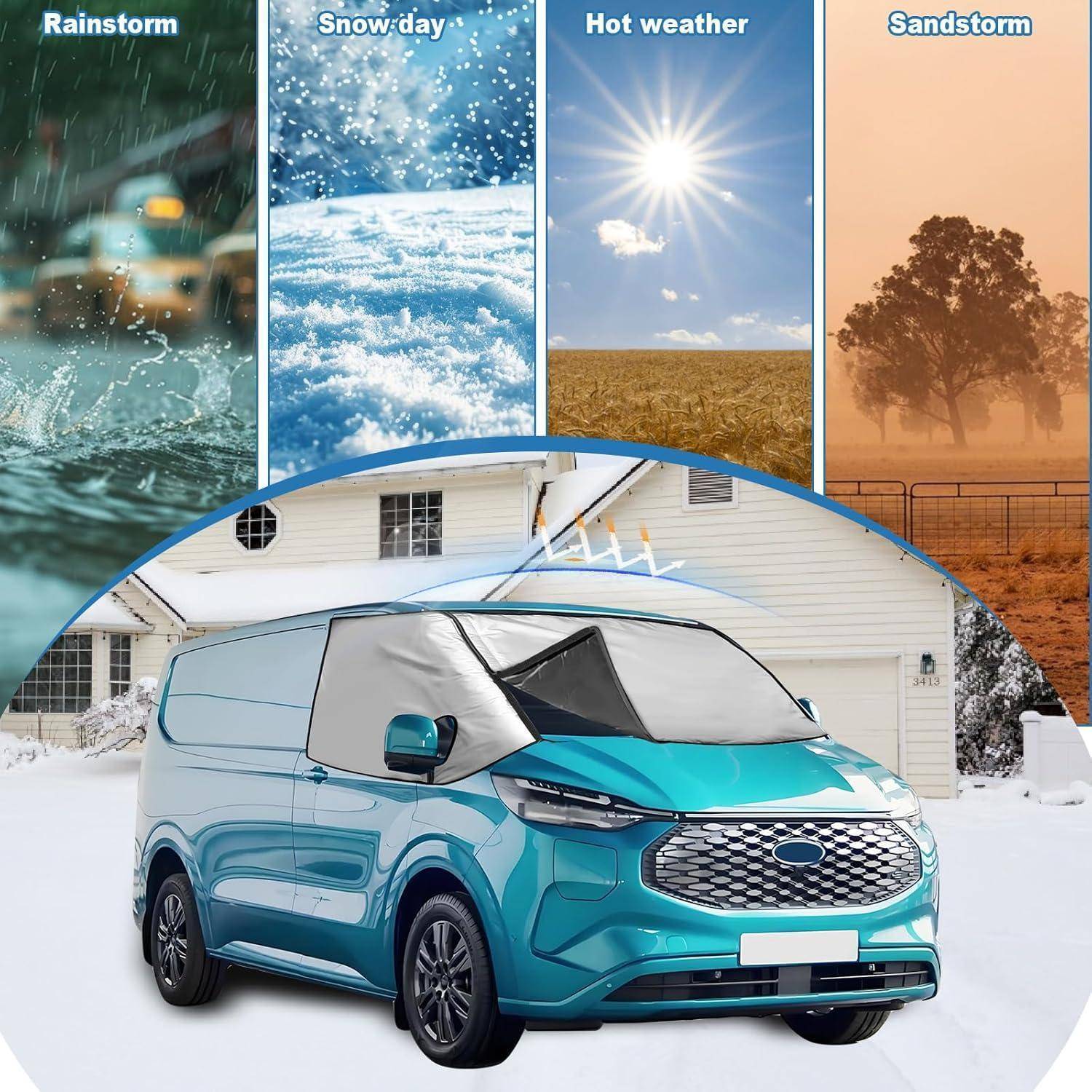 Blauer Lieferwagen mit angebrachter wetterfester Abdeckung, dargestellt als Schutz vor Regensturm, Schneefall, heißem Wetter und Sandstorm.