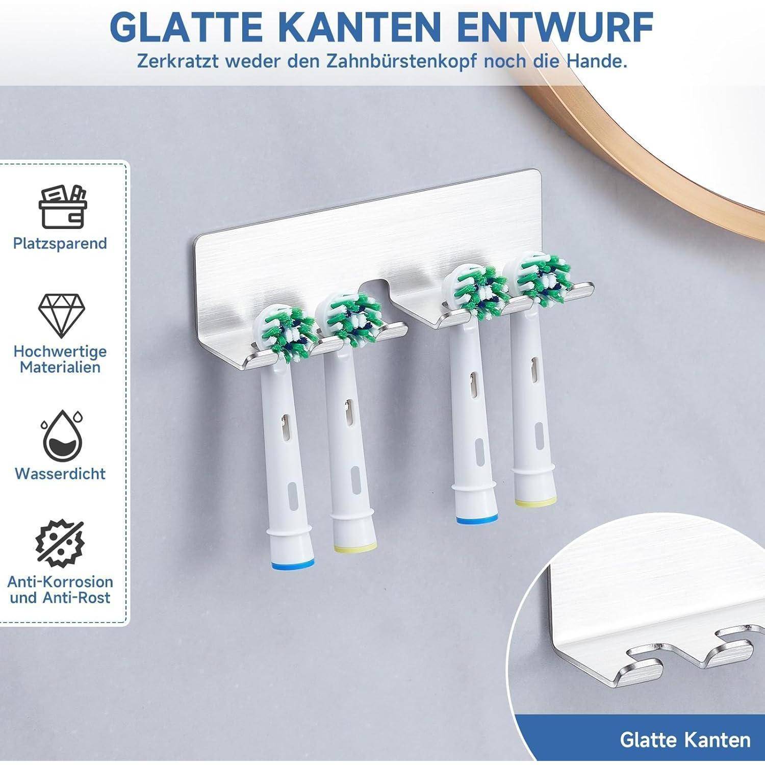 Wandmontierter Edelstahl-Zahnbürstenhalter mit vier Zahnbürsten, gezeigt mit glatter Kantengestaltung und deutschen Beschriftungen für platzsparend, hochwertige Materialien, wasserdicht und korrosionsbeständig.