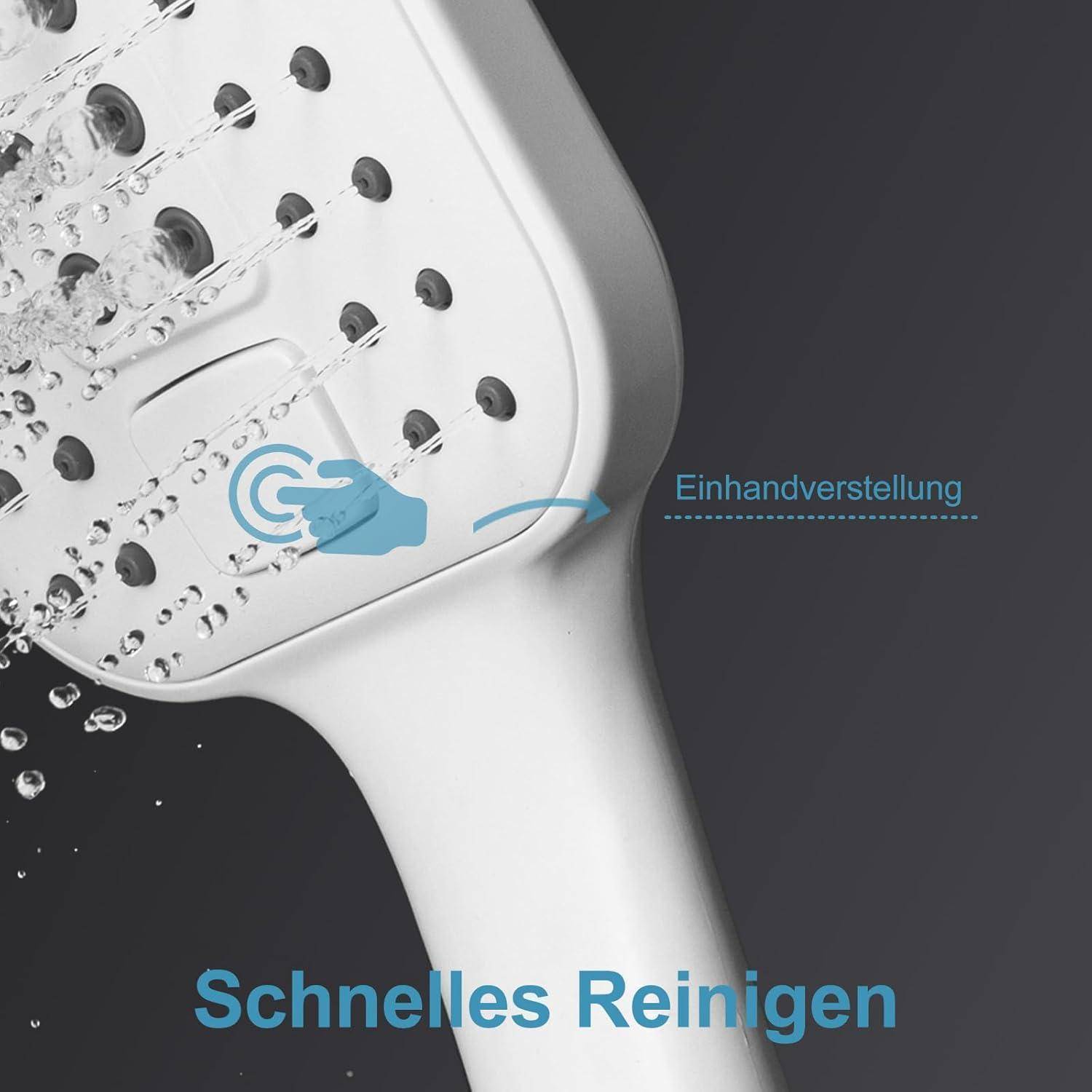 Duschkopf sprüht Wasser mit Hand am Griff; deutscher Text lautet „Einhandverstellung