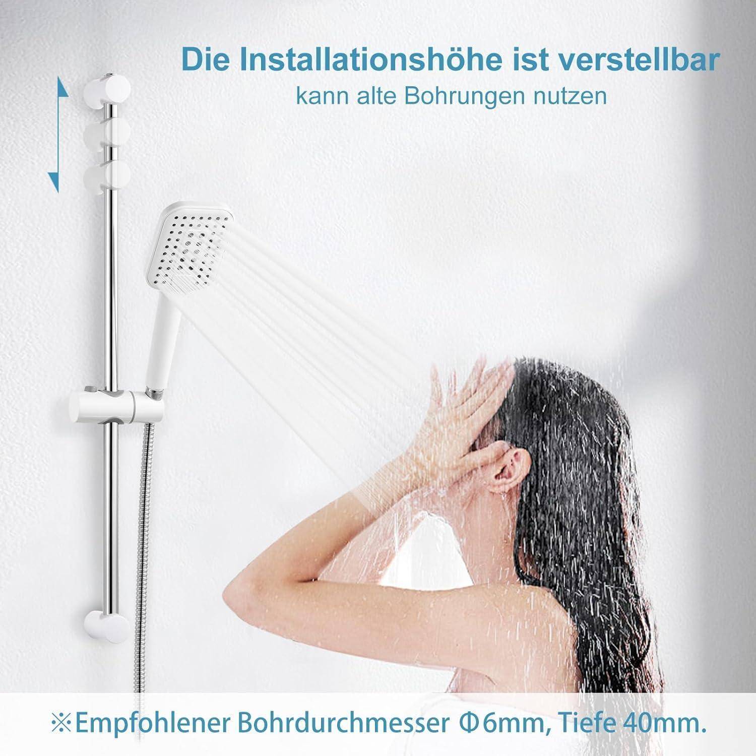 Verstellbare Duschstange und Handbrause in Gebrauch; deutscher Text besagt, dass die Installationshöhe verstellbar ist und in alte Bohrlöcher passt, mit empfohlener Bohrgröße 6 mm, Tiefe 40 mm.