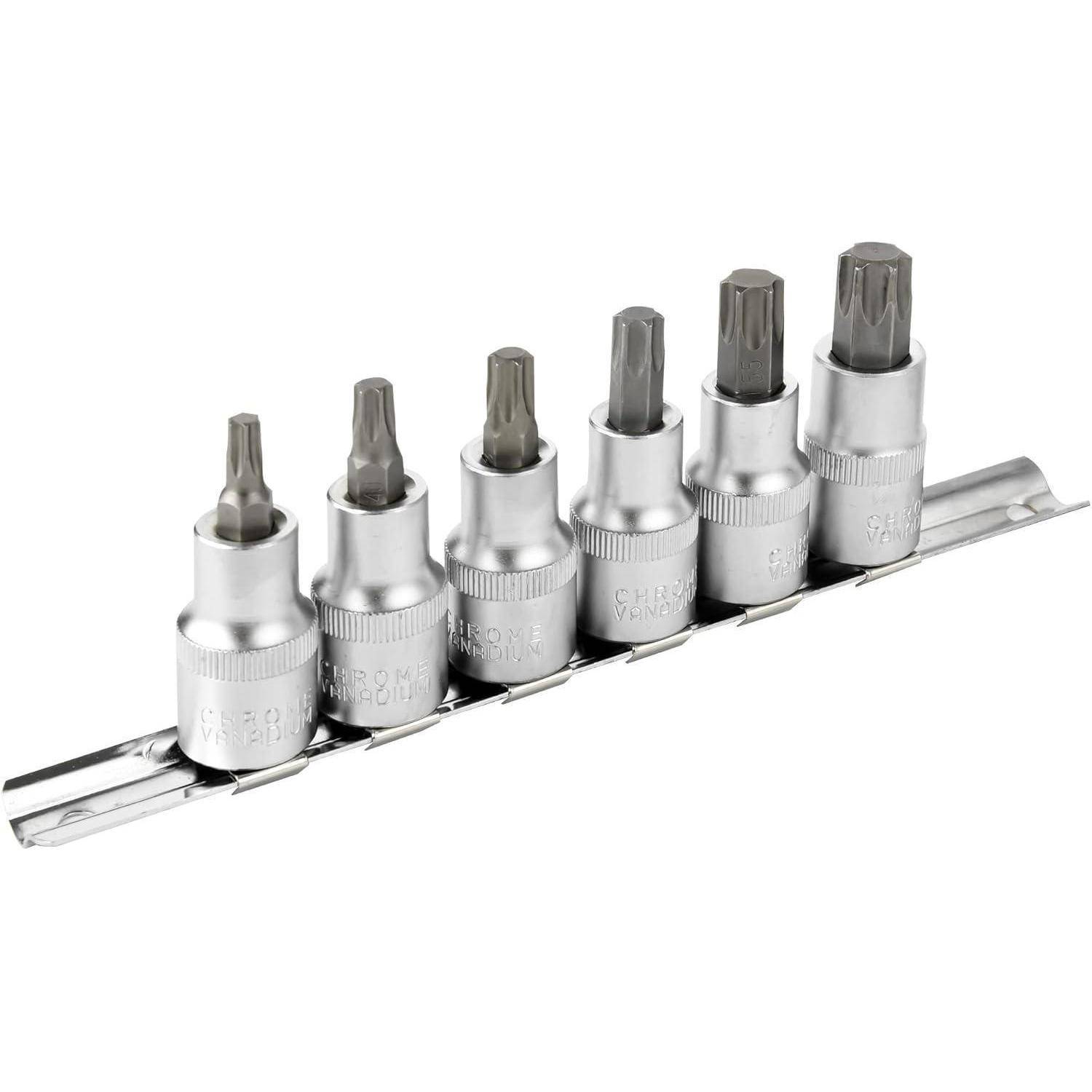 Sechs Torx-Steckschlüssel auf einer Metallschiene montiert, auf weißem Hintergrund gezeigt.