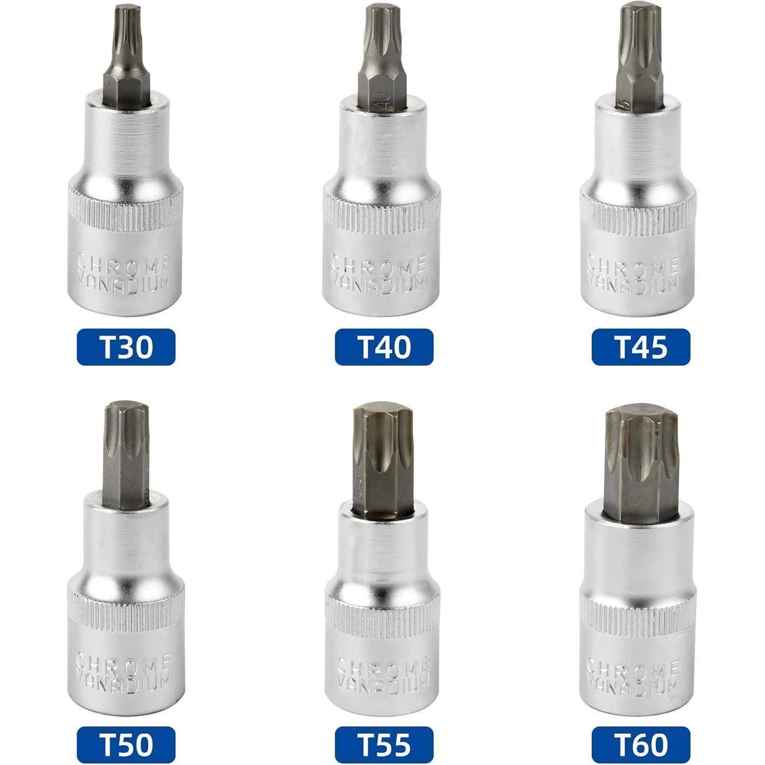 Sechs Chrom-Vanadium-Torx-Biteinsätze mit den Bezeichnungen T30, T40, T45, T50, T55 und T60 auf weißem Hintergrund.
