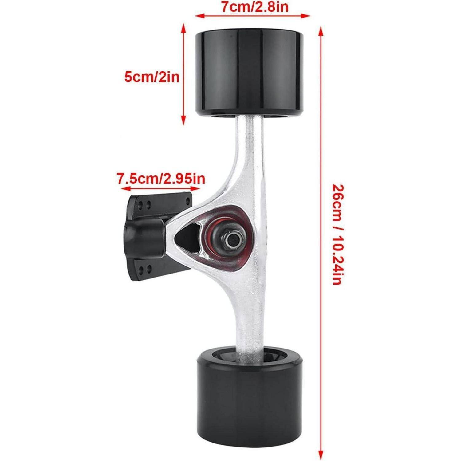 Dimensioniertes Produktbild einer vertikalen Metallradanordnung mit schwarzen Endkappen, mit Maßangaben: 26 cm Höhe, 7 cm Breite oben, 5 cm Kappenhöhe, 7,5 cm Seitenhalterbreite.