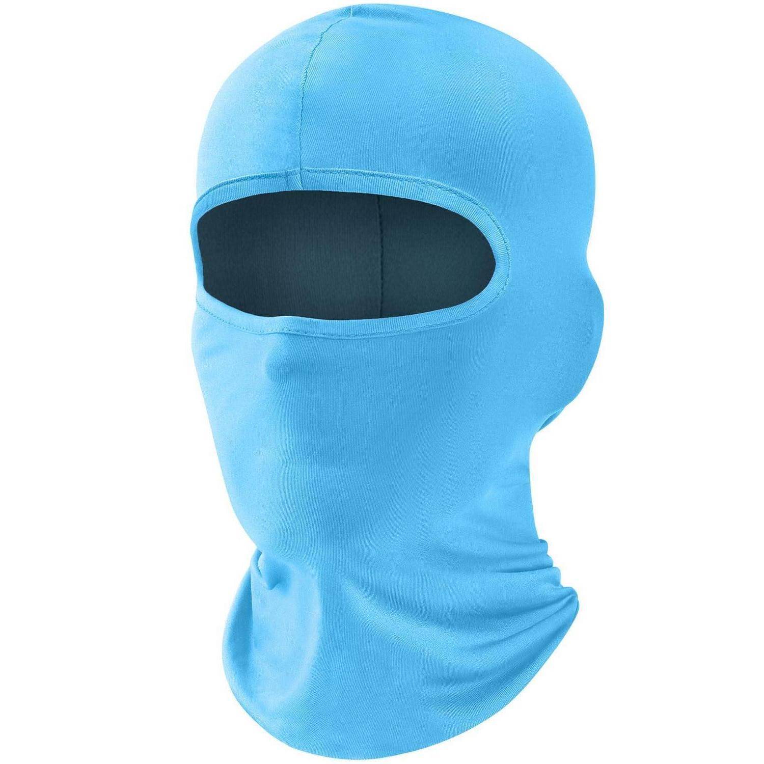 Blaue Ganzsichtmaske mit einfacher Augenöffnung, gezeigt auf weißem Hintergrund.