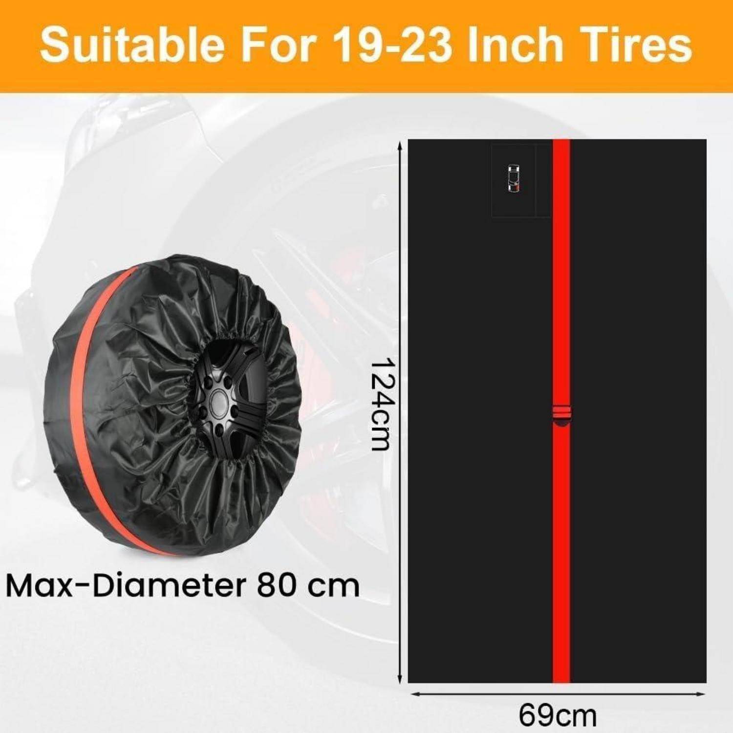 Reifenschutzhülle passt für Reifen mit 19-23 Zoll; maximaler Durchmesser 80 cm, Taschenmasse 124 x 69 cm.