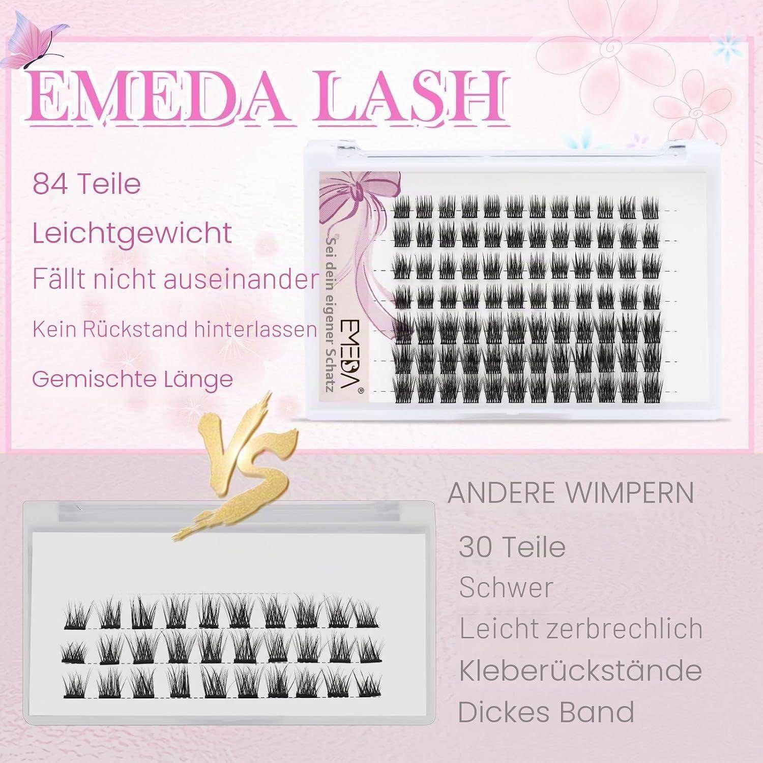 Deutsches Produktvergleich-Grafik für EMEDA LASH: 84 leichte Wimpern in gemischten Längen, die nicht auseinanderfallen und keine Rückstände hinterlassen, im Vergleich zu anderen Wimpern: 30 schwere, zerbrechliche, mit Kleberückständen und dickem Band.