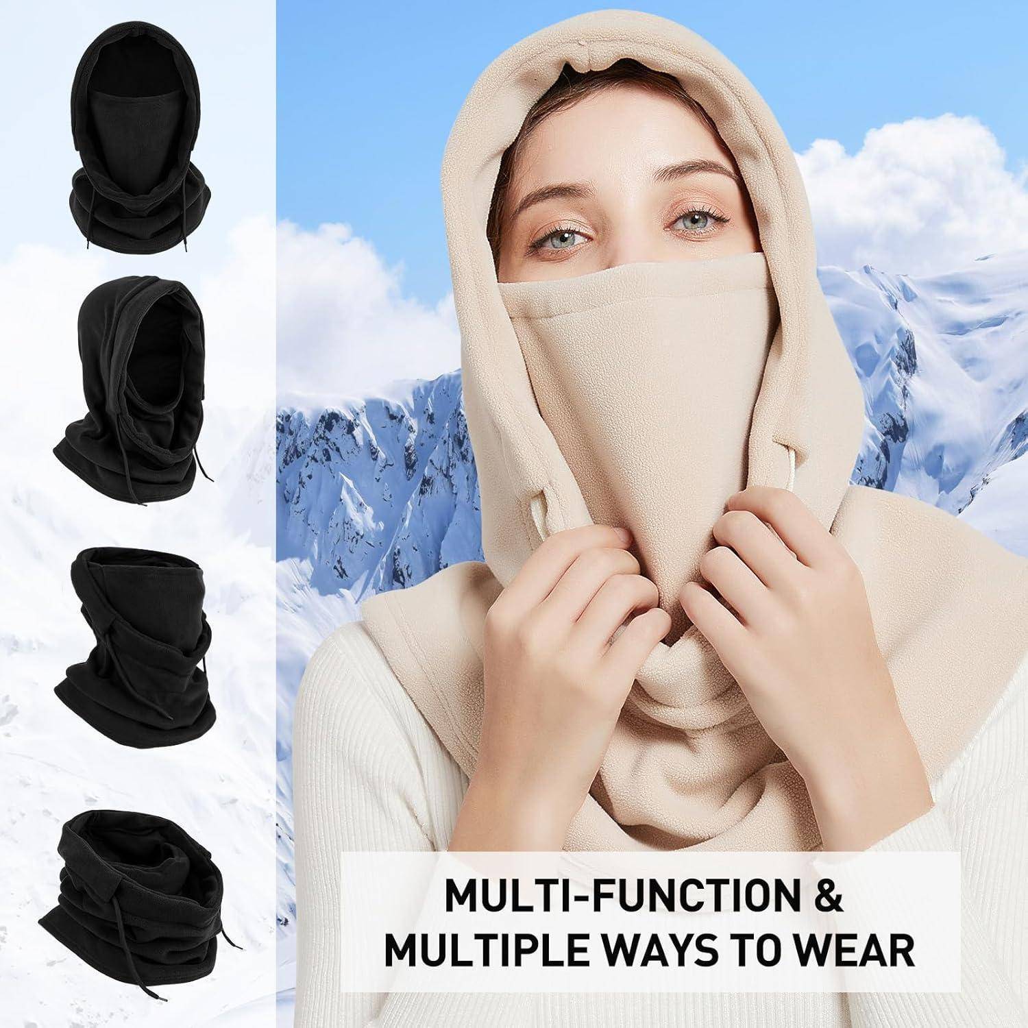 Modell trägt eine beige multifunktionale Kapuzen-Gesichtsmaske über Nase und Mund, mit kleineren Ansichten, die zeigen, wie es in mehreren schwarzen Stilen getragen wird; Text lautet „MULTIFUNKTIONAL & MEHRERE MÖGLICHKEITEN ZUM TRAGEN"