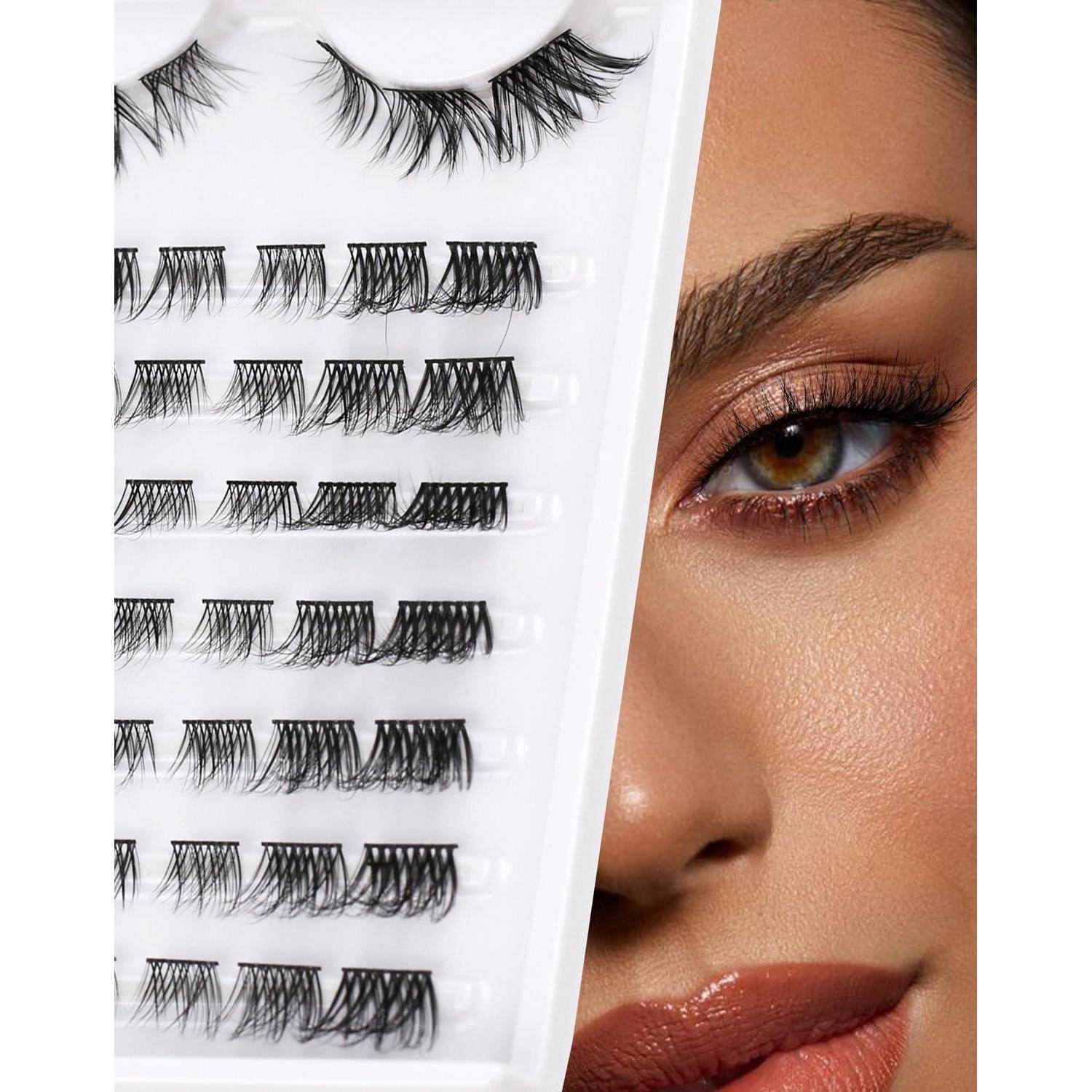 Nahaufnahme eines Frauengesichts neben einem Tablett mit künstlichen Wimpern, das Makeup-Wimpern zur Auswahl oder Anwendung zeigt.
