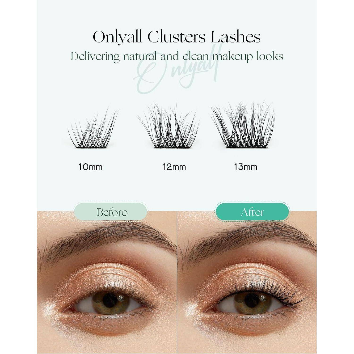 Grafische Anzeige für Onlyall Clusters Lashes mit 10-mm-, 12-mm- und 13-mm-Wimpernbündeln mit vorher-nachher Ergebnissen des Augen-Make-ups.