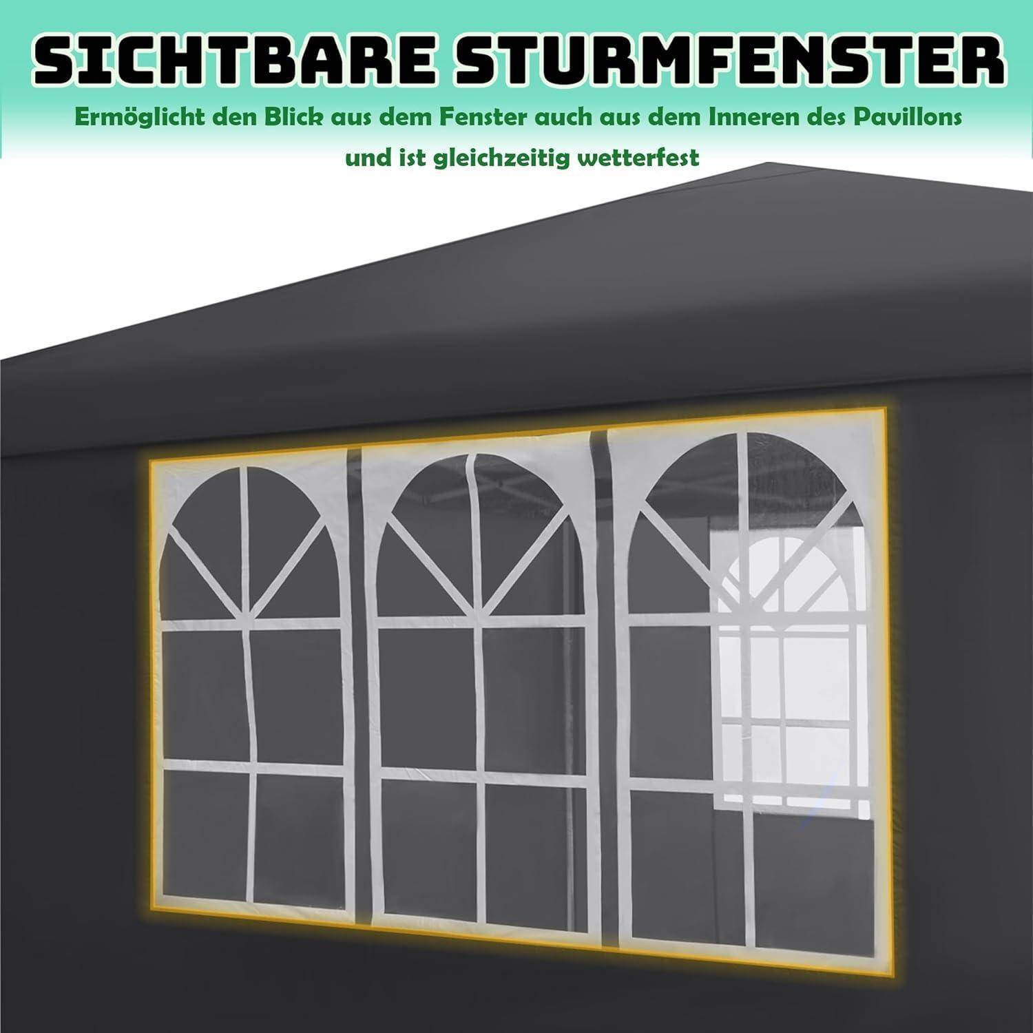 Werbegrafik, die eine Zeltwand mit drei gewölbten transparenten Fenstern und deutschem Text „SICHTBARE FENSTER" zeigt und die Sichtbarkeit von innen sowie den Wetterschutz hervorhebt.