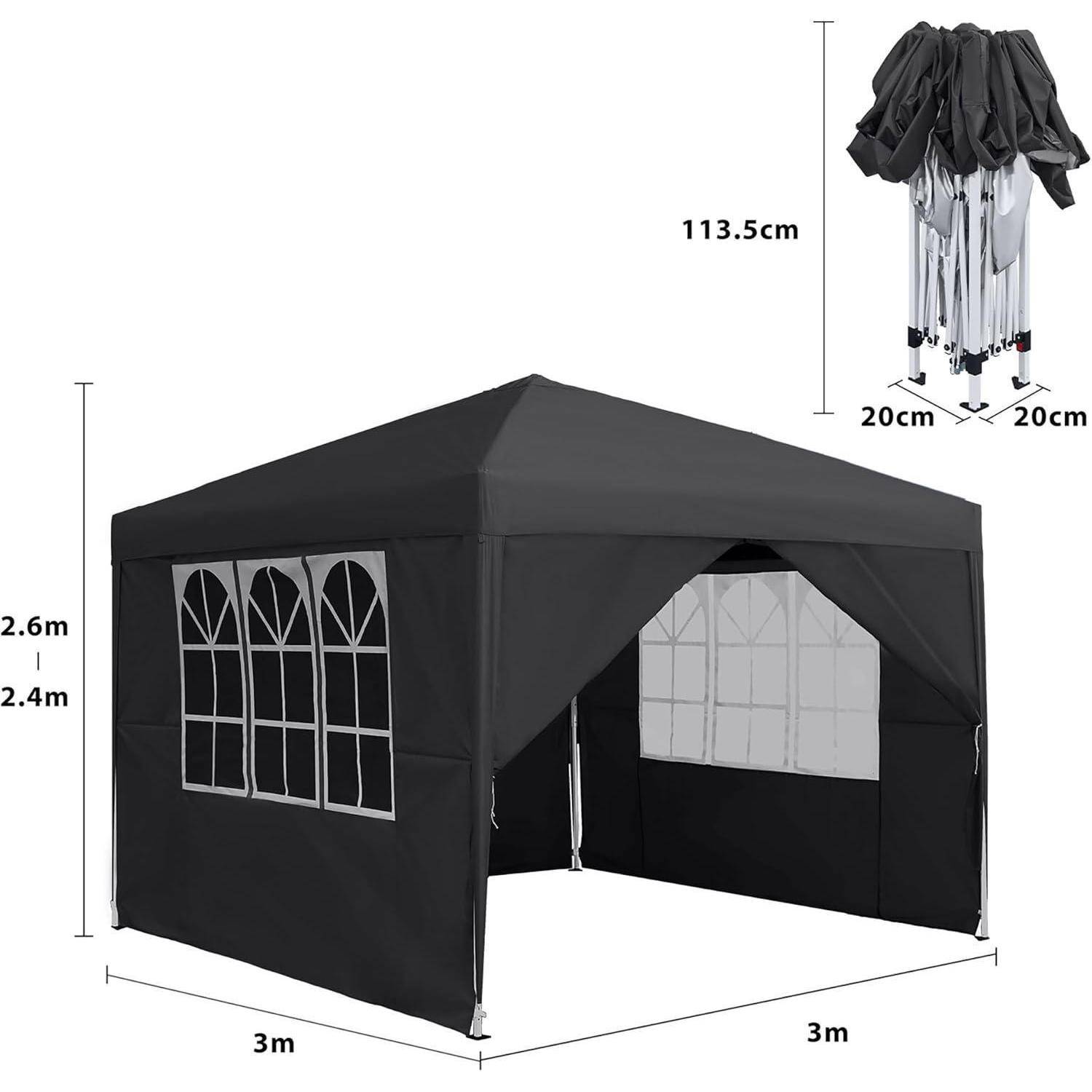 Schwarzes 3m x 3m Pop-Up-Pavillon-Zelt mit gewölbten Fensterflügeln; gezeigt mit Abmessungen von 2,4-2,6m Höhe und 113,5cm zusammengeklappt in einem 20cm x 20cm Koffer.