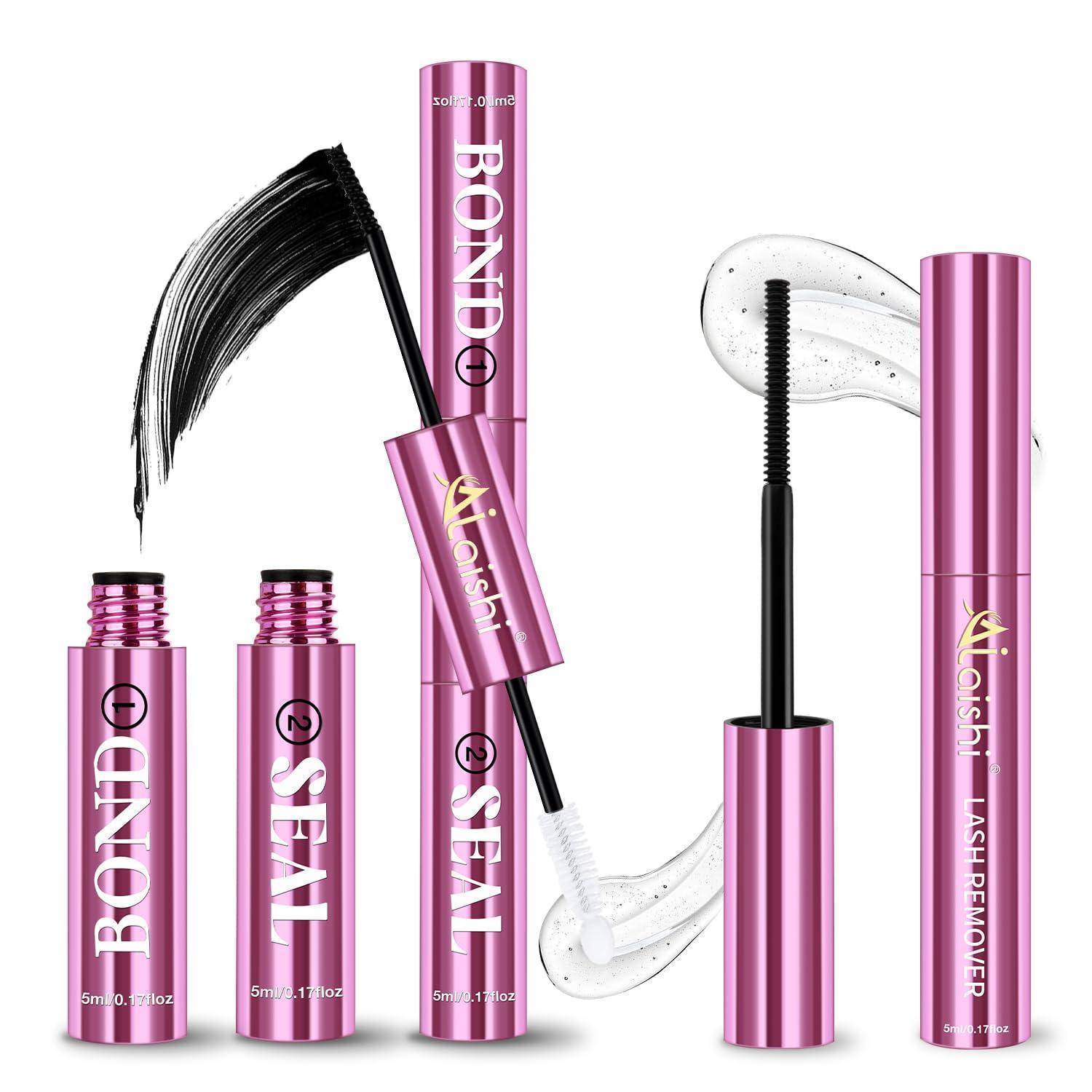 Zwei rosa Mascara-Tuben und Applikatoren, dargestellt mit schwarzen und weißen Produktmustern, beschriftet mit BOND, SEAL und ASH REMOVER.