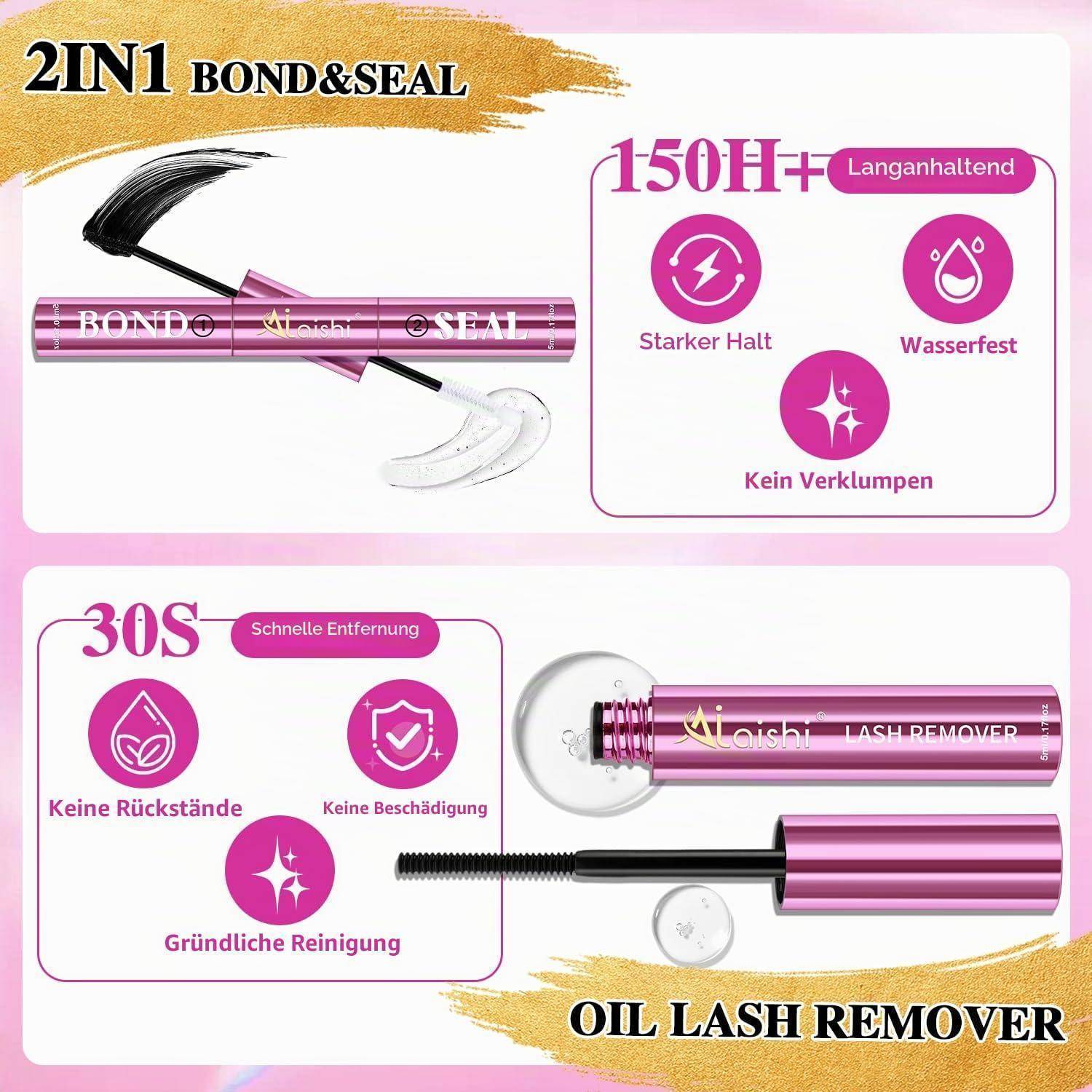 Rosa 2-in-1 Wimpernprodukt-Anzeige mit einer „BOND&SEAL