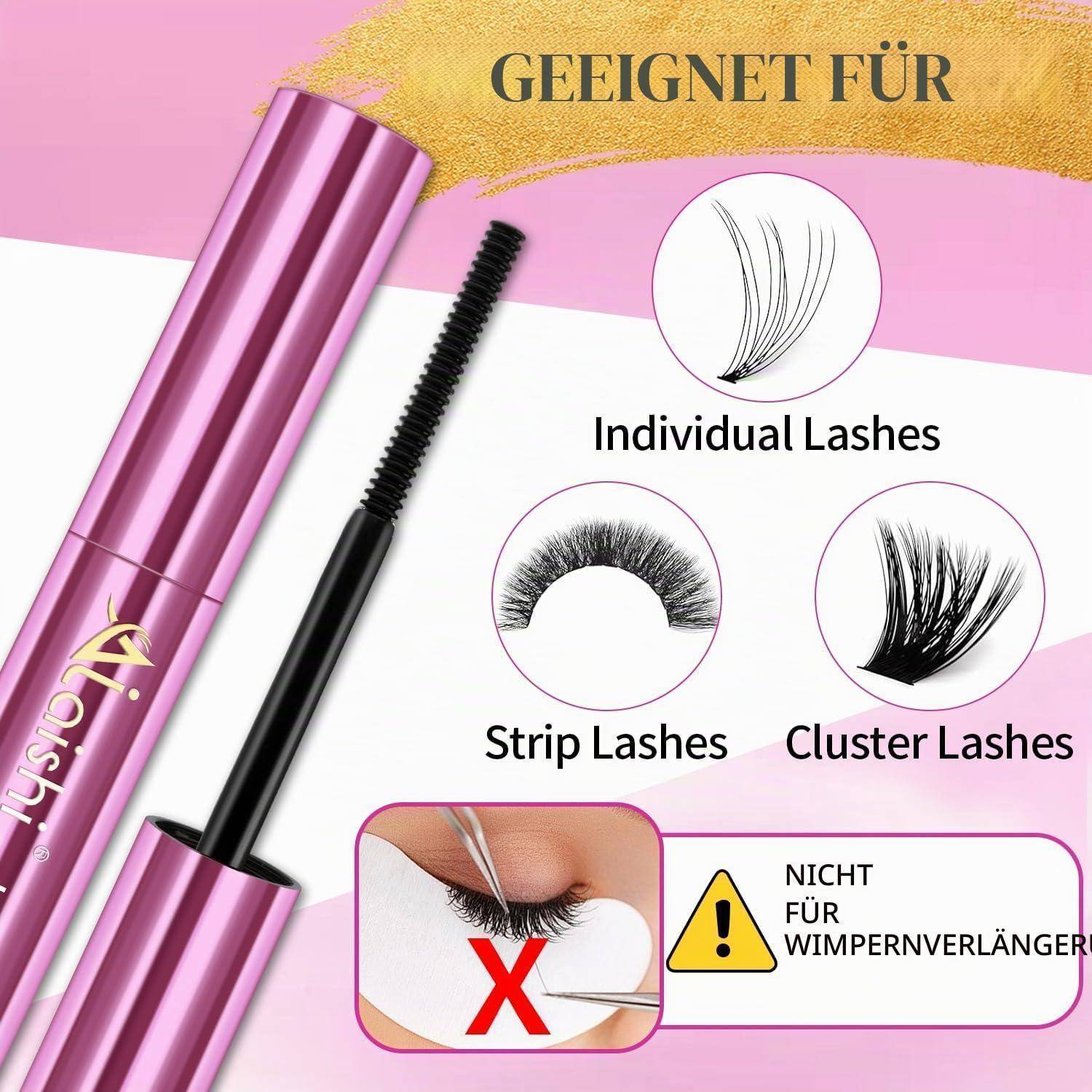 Rosa Mascara-Tube und Applikator mit Beschriftung für „Einzelne Wimpern