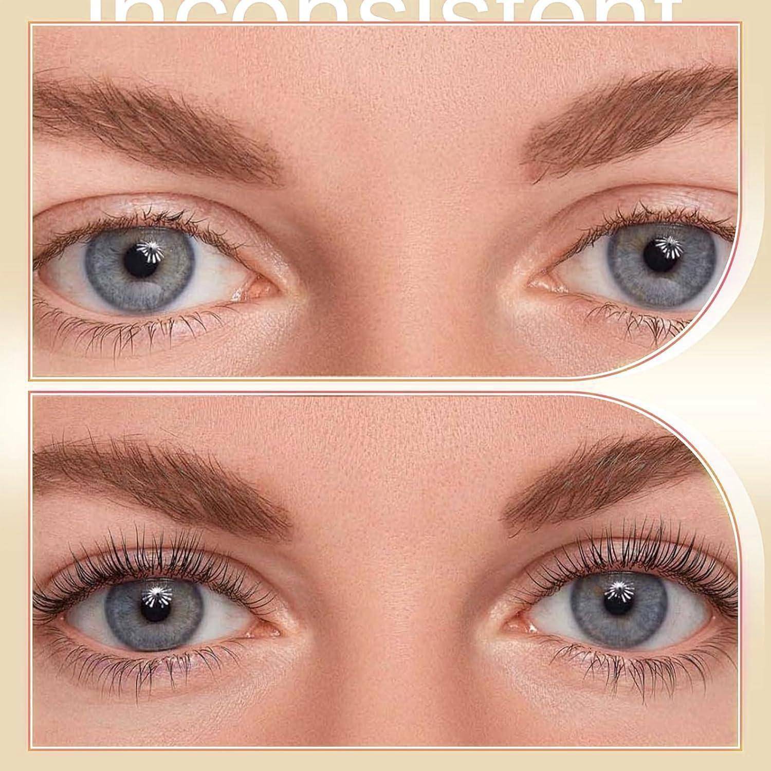Vergleich nebeneinander: Nahaufnahme blauer Augen vor und nach dem Auftragen von Mascara, zeigt weniger definierte Wimpern oben und vollere, längere Wimpern unten.