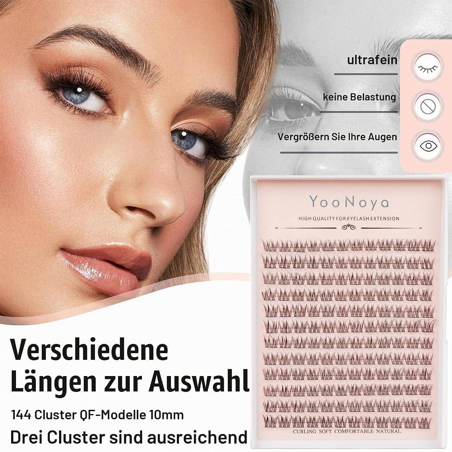 Werbebild einer Frau mit Wimpernverlängerungen neben einem YooNoya-Wimpernblatt; deutscher Text besagt „Verschiedene Längen zur Auswahl