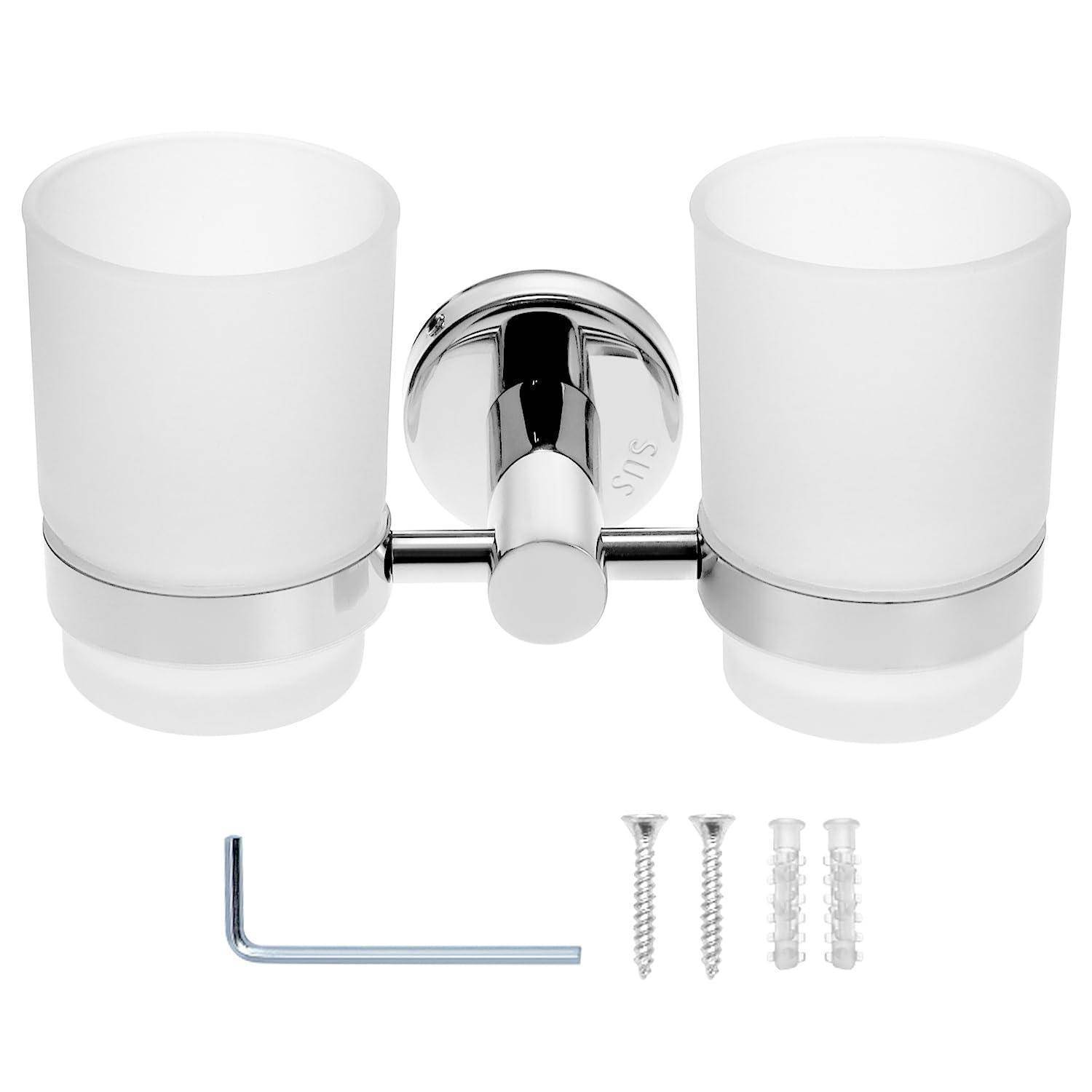 Zahnbürstenhalter aus Chrom mit zwei mattglasbechern, Montageplatte, Inbusschlüssel, Schrauben und Wanddübel im Lieferumfang enthalten.
