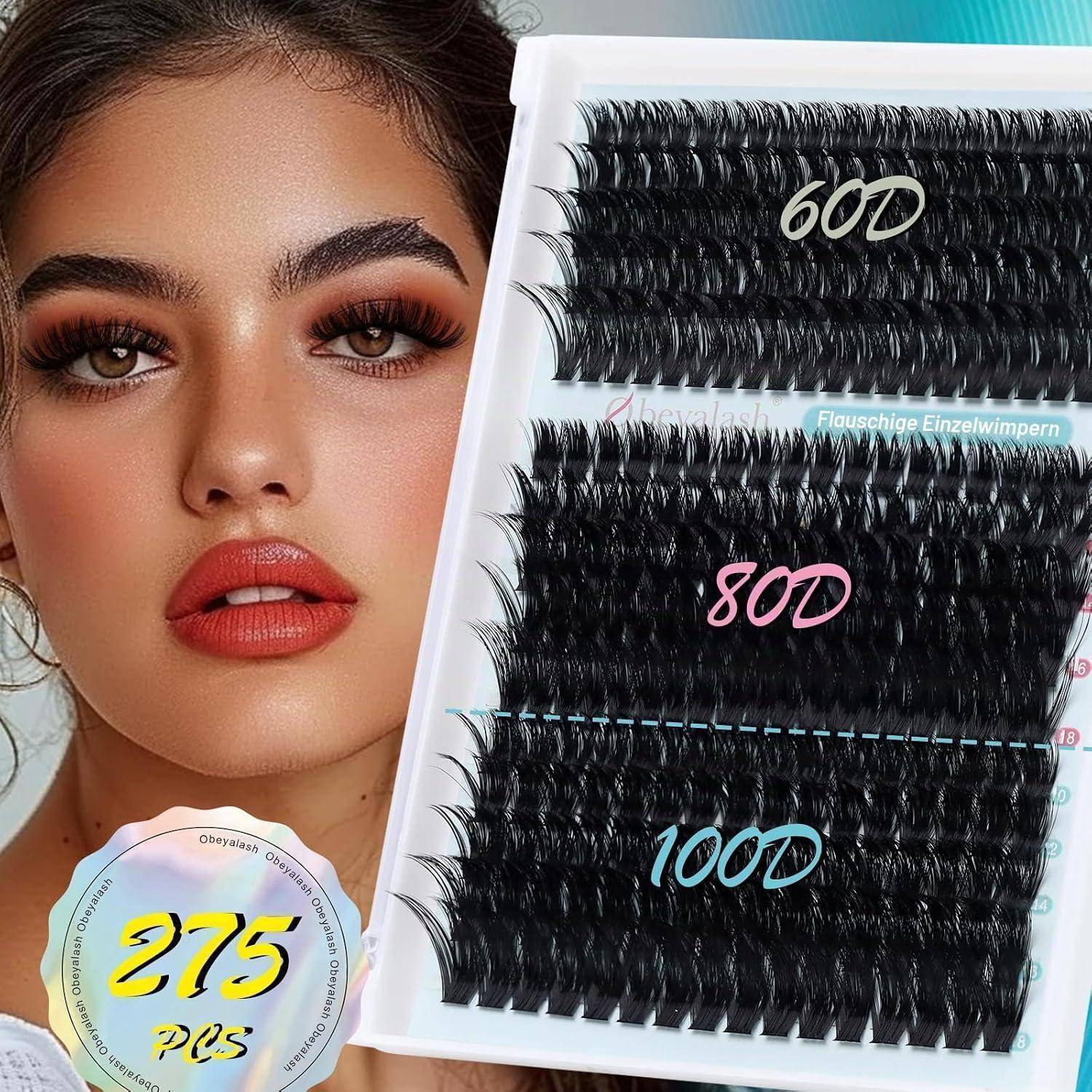 Frauengesicht neben einem Tablett mit künstlichen Wimpern mit den Beschriftungen 60D, 80D, 100D und „275 PCS