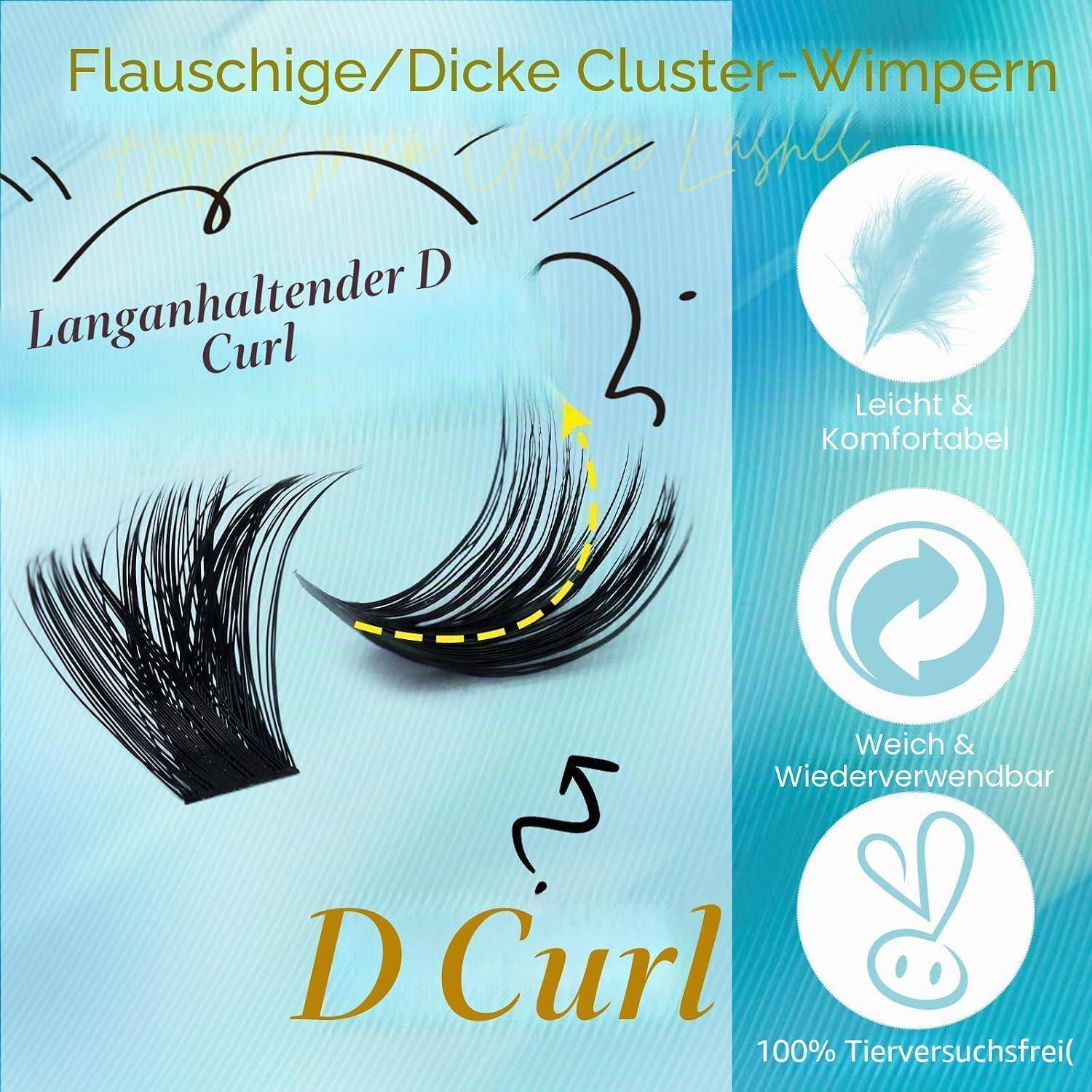 Werbegrafik für schwarze Cluster-Wimpern mit langanhaltender D-Locke, gekennzeichnet als flauschig/dick und leicht, weich, wiederverwendbar und 100% grausamkeitsfrei.
