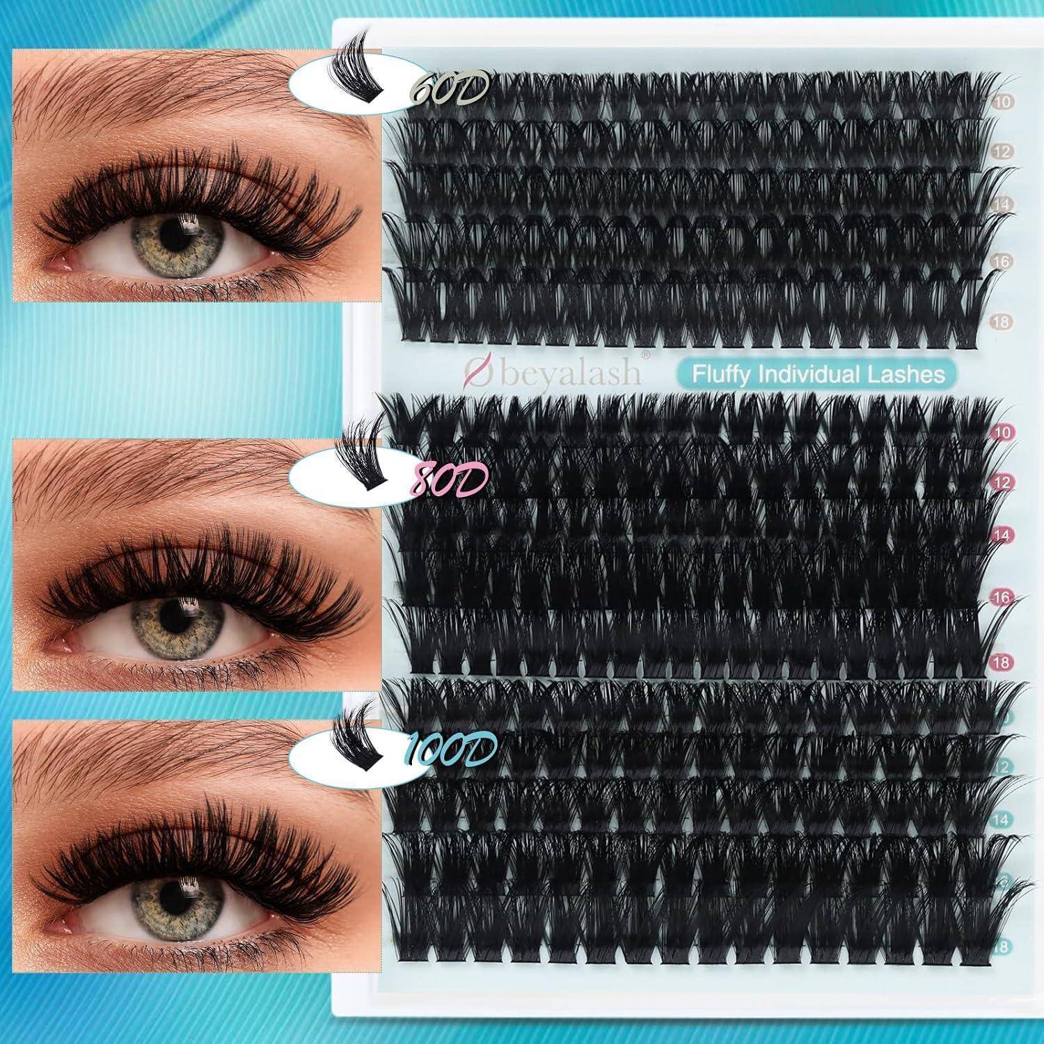 Drei Wimpernverlängerungsmuster mit den Bezeichnungen 600, 800 und 1000 zeigen progressiv dichtere, vollere schwarze Einzelwimpern neben Augenfotografien, die das Aussehen demonstrieren.