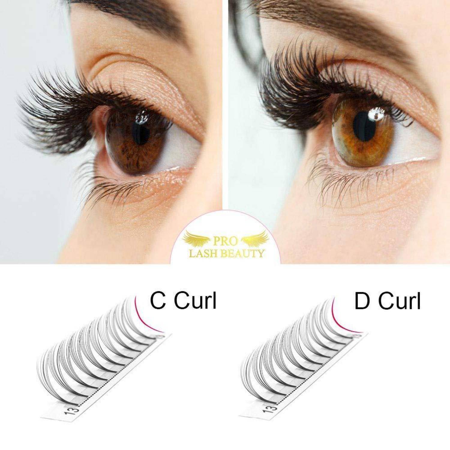 Seite-an-Seite-Vergleich von Wimpernverlängerungen an einem Auge, das mit „C Curl