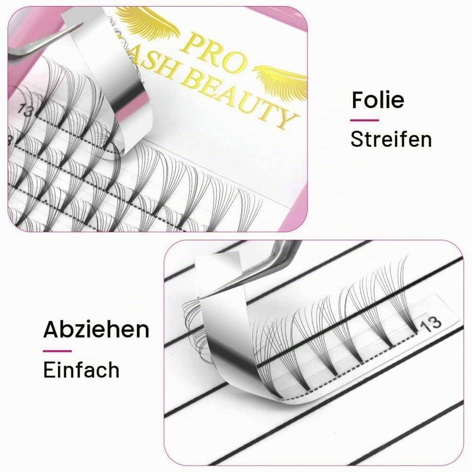 Werbebild, das Folienstreifen für Wimpern zeigt, die leicht abgezogen werden, mit deutschen Etiketten „Folienstreifen