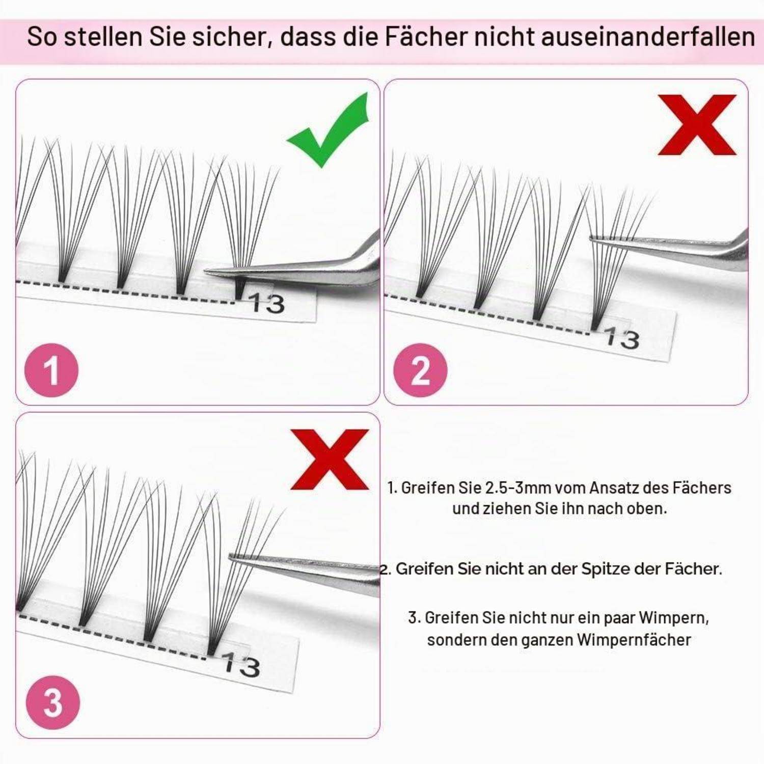 Anleitung zur Grifftechnik bei Wimpernverlängerungen: korrekter Griff 2,5–3 mm von der Basis des Wimpernfächers entfernt; falsch ist es, an den Spitzen zu greifen oder nur wenige Wimpern zu fassen.