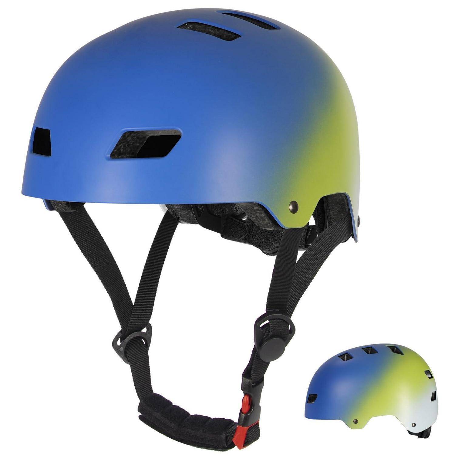 Blau-grüner Fahrradhelm mit verstellbaren schwarzen Kinnriemen, gezeigt mit einer kleinen Detailansicht der Seite und Rückseite des Helms.