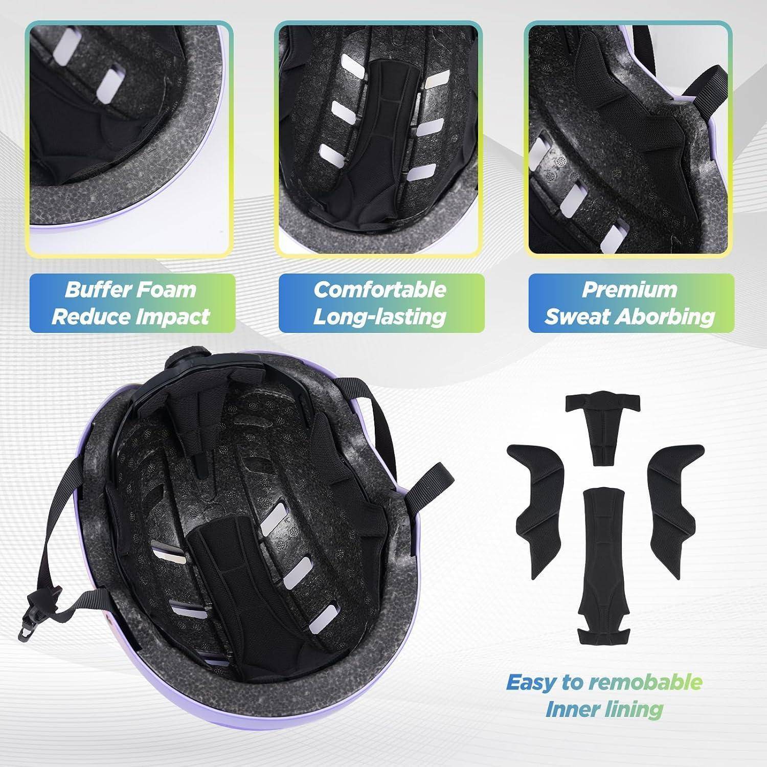 Produktinfografik mit einem Helm mit abnehmbarem Innenfutter, das Pufferschaum zur Stoßdämpfung, Komfort und Schweißaufnahme hervorhebt.
