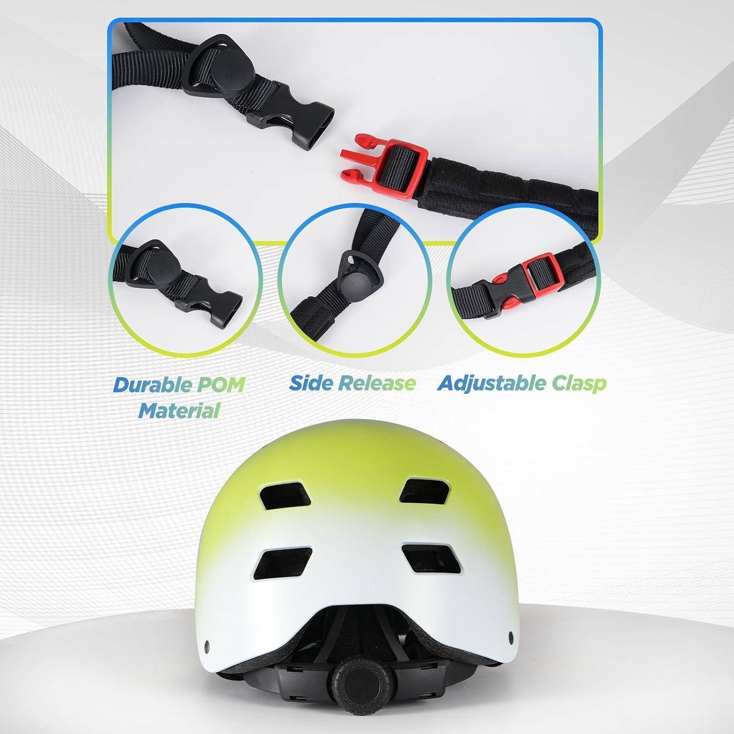 Helmproduktbild mit verstellbaren schwarzen Riemenschnallen mit der Aufschrift „Langlebiges POM-Material" und „Seitliche Freigabe"", über einem weißen Helm mit Belüftungslöchern.