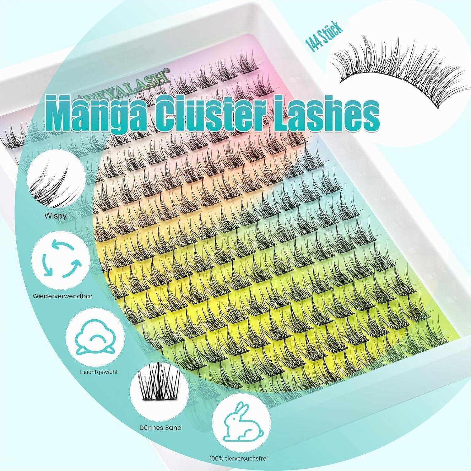 Farbenfrohe Anzeige für „Manga Cluster Lashes