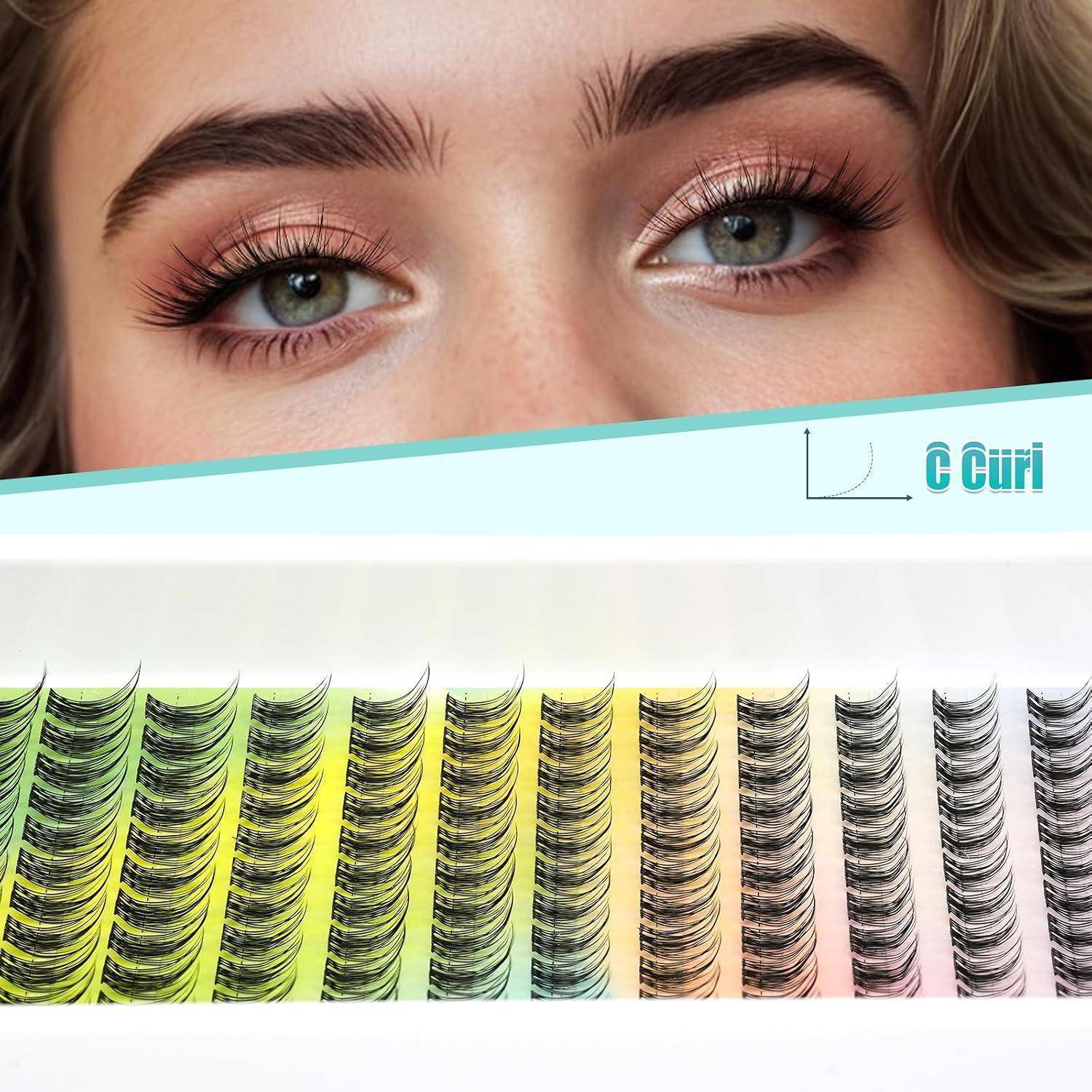 Nahaufnahme von Augen über einer Farbpalette für Wimpernverlängerungen mit Reihen von Wimpern in Grün-, Gelb-, Beige-, Grau- und Rosatönen.