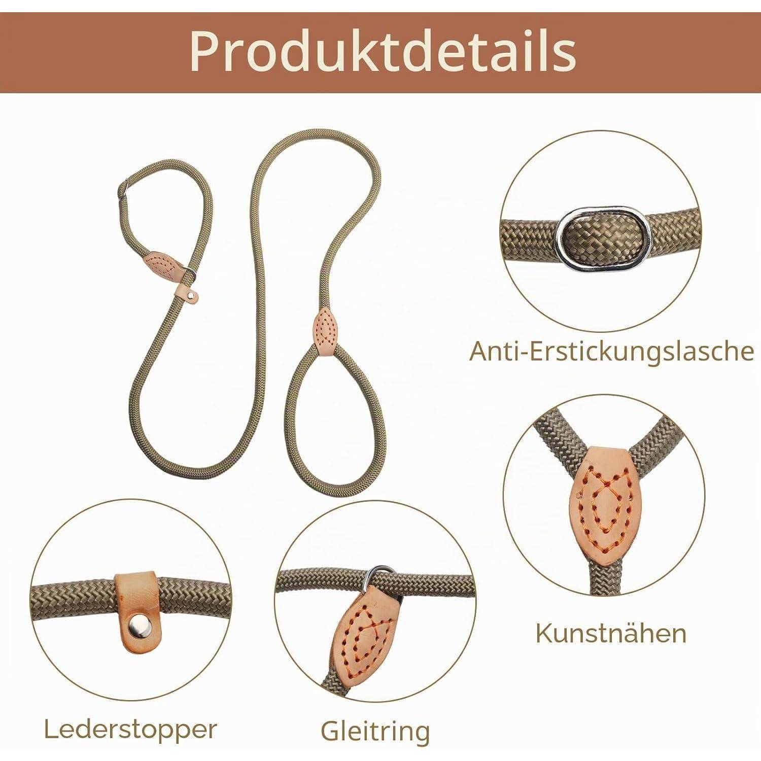 Produktdetails einer Hundeleine oder eines Halsbandes: Seil mit Anti-Würge-Schlaufe, Lederstopper, Schiebering und dekorative genähte Lederakzente.