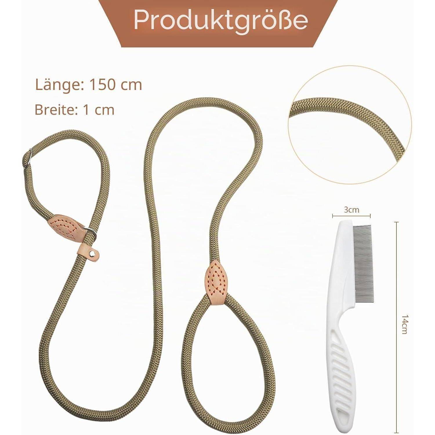 Größendiagramm für eine Seilleine: Länge 150 cm, Breite 1 cm, mit 14 cm Bürste zur Größenreferenz dargestellt.