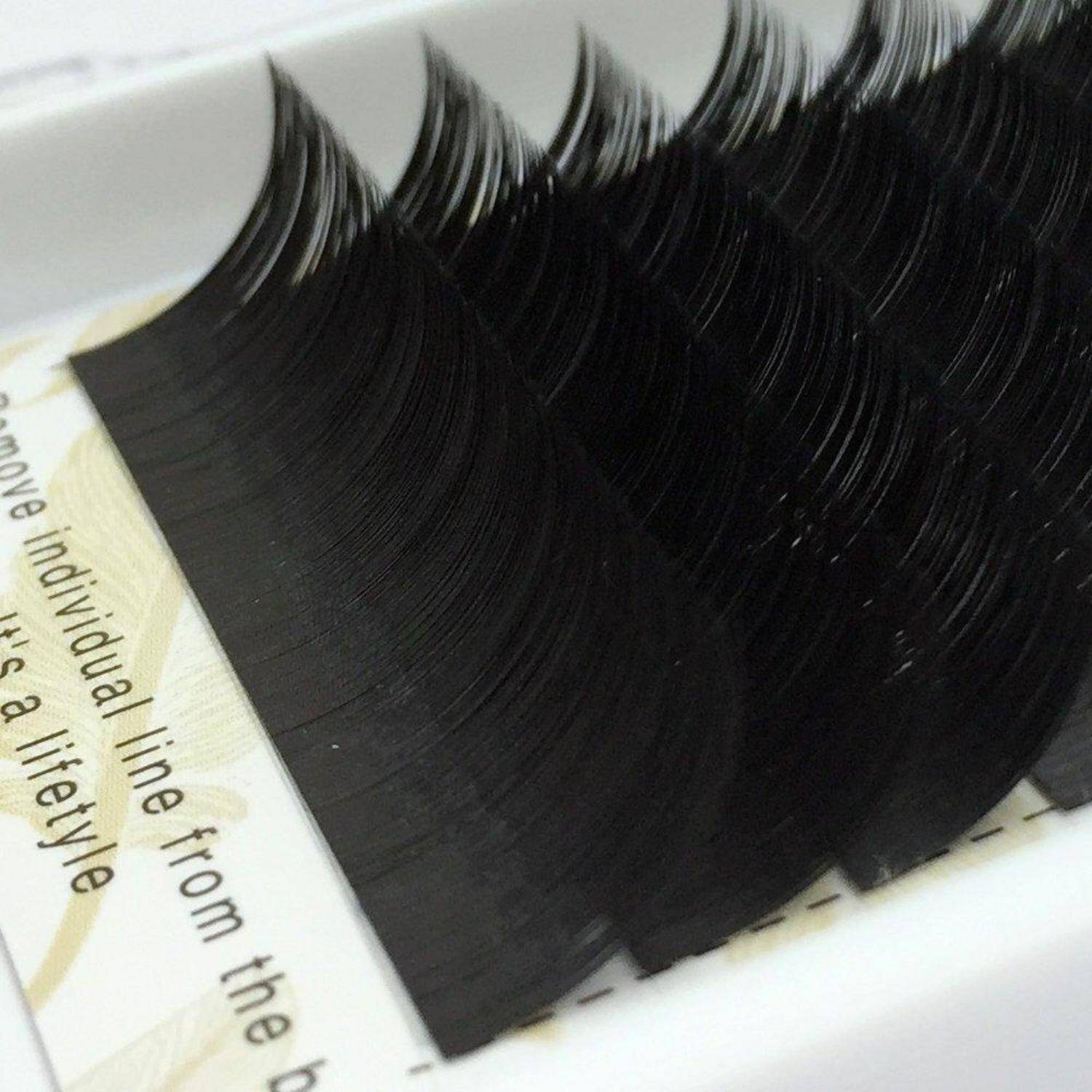 Nahaufnahme eines Tabletts mit schwarzen künstlichen Wimpern, das mehrere gekrümmte Wimpernstreifen zeigt, die in Reihen auf einer weißen Verpackung angeordnet sind.