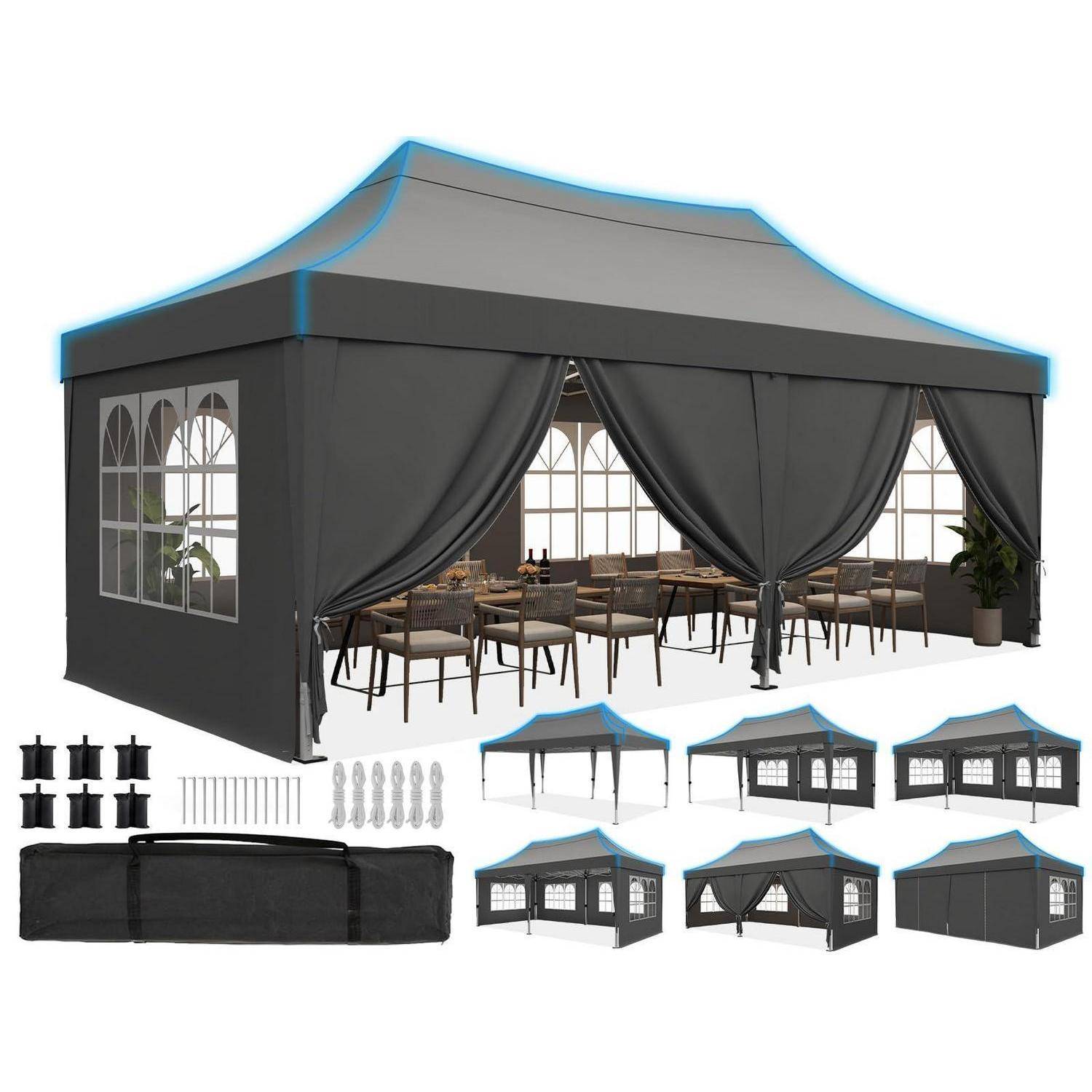 Produktbild eines großen dunkelgrauen Outdoor-Pavillon-Zelts mit gewölbten Fenstern, drapierte Seitengardinen und Tische im Inneren, plus mitgeliefertem Rahmen, Heringsleisten und Aufbauansichten.