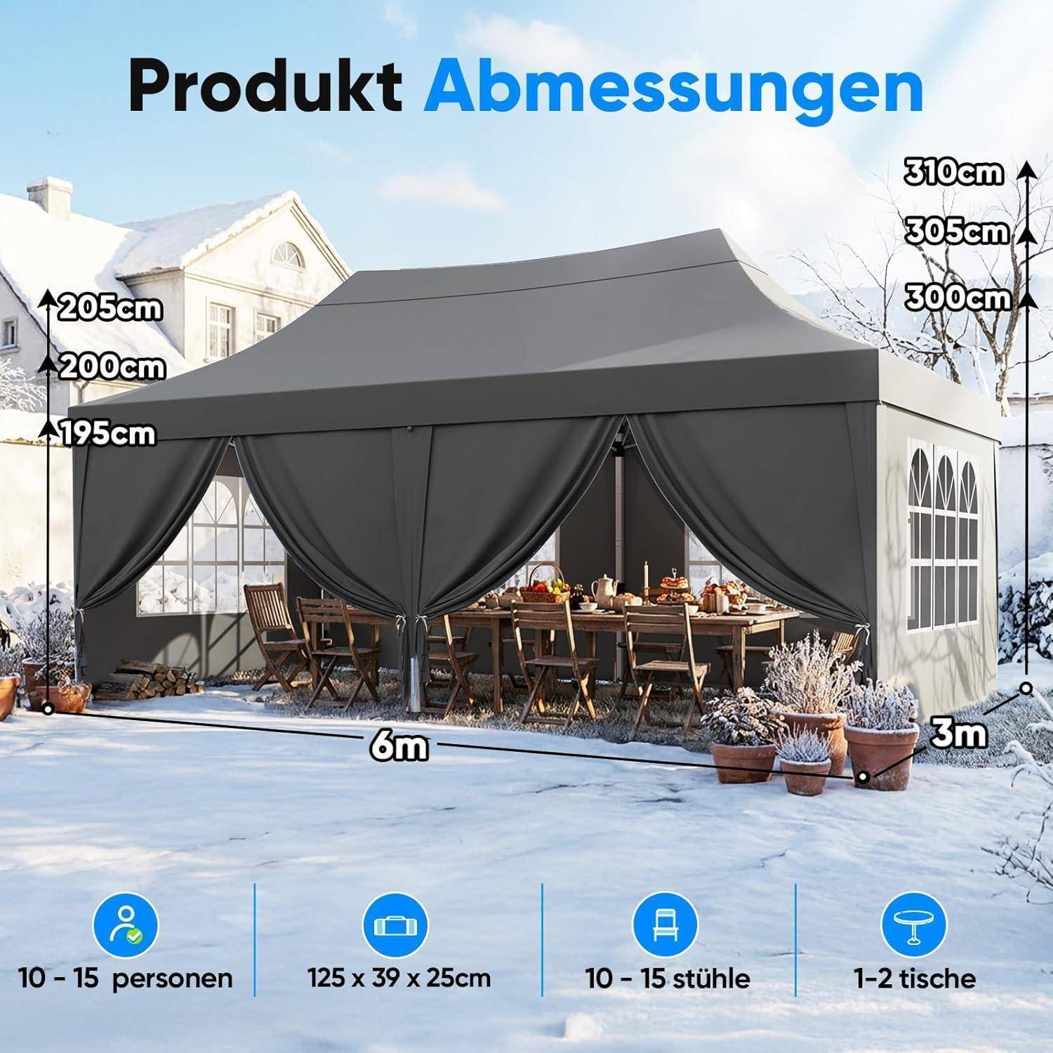Illustration eines großen grauen Veranstaltungszeltes mit gekennzeichneten Abmessungen von 6 m mal 3 m und Höhen von 195 bis 310 cm, mit Platz für 10 bis 15 Personen.